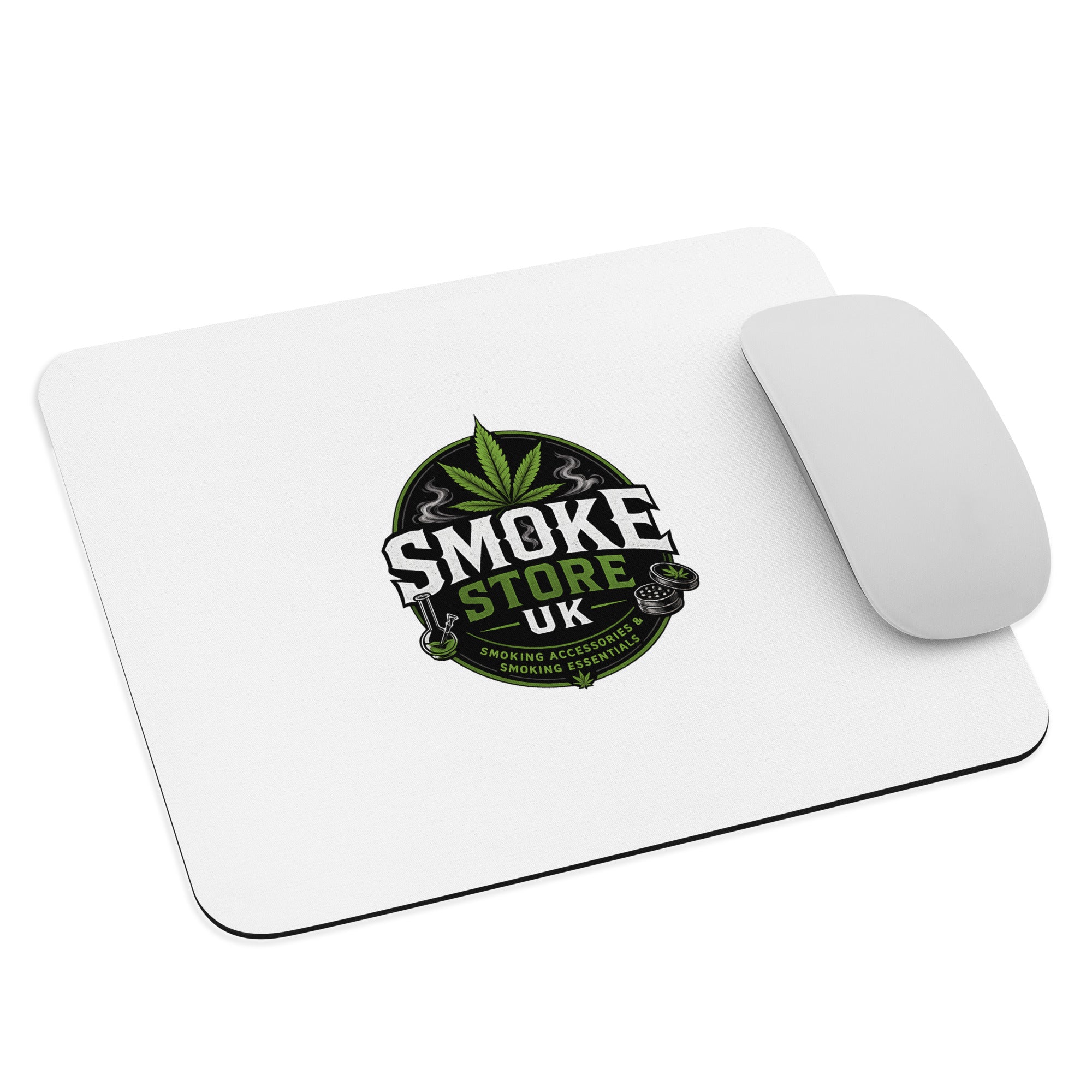 White mouse pad with Smoke Store logo, smooth surface and rounded corners.