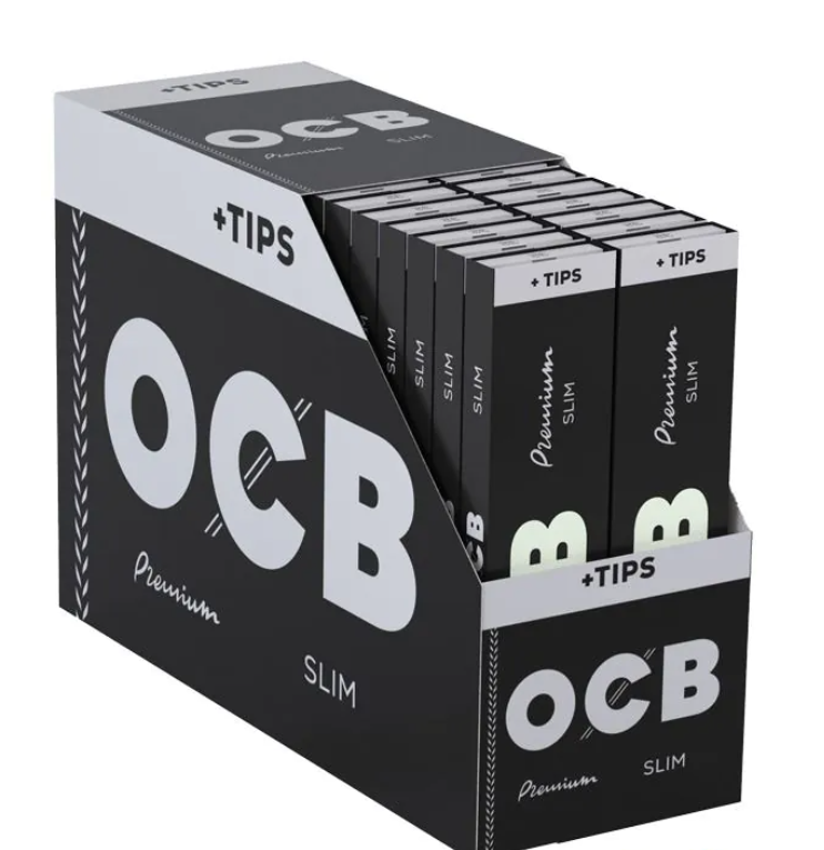 OCB premium king-size rolling paper full box with +TIPS, slim packs