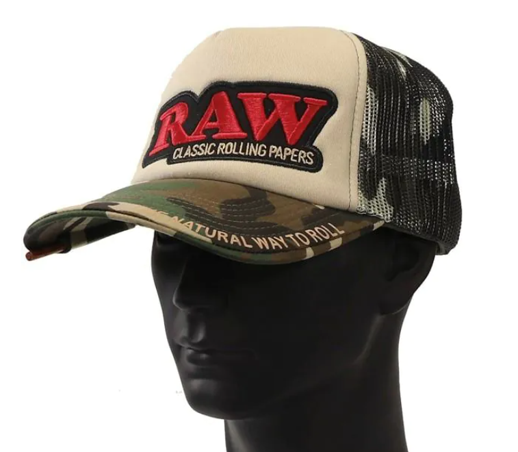 RAW camo & tan trucker hat on headwear form, tan front with RAW logo, black mesh back