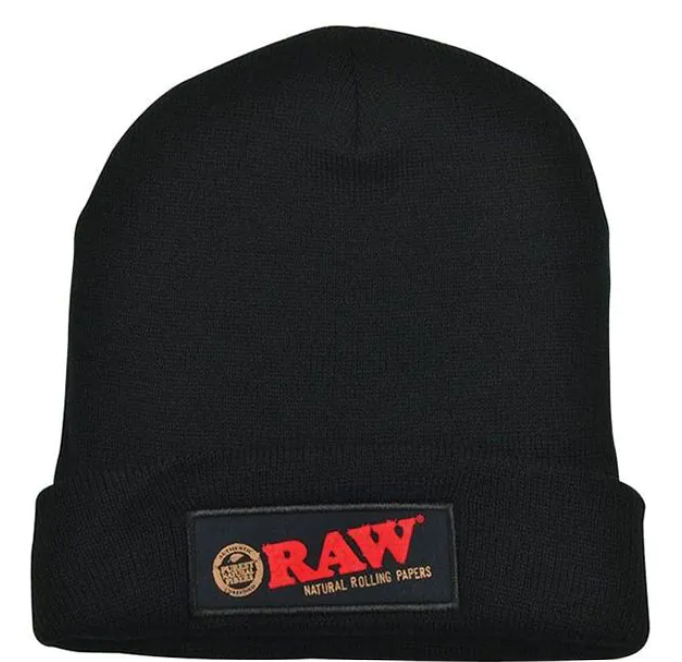 Black knit beanie hat with RAW logo patch at cuff