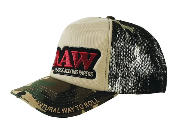 RAW camo & tan trucker hat with red RAW patch on tan front and black mesh back