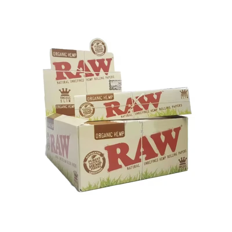 Hemp rolling paper box with RAW Natural branding, king size slim, full box of 50