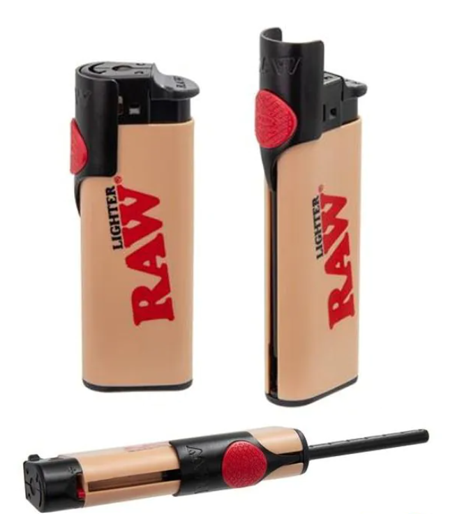 RAW branded lighter in tan with red logo and black poker attachment