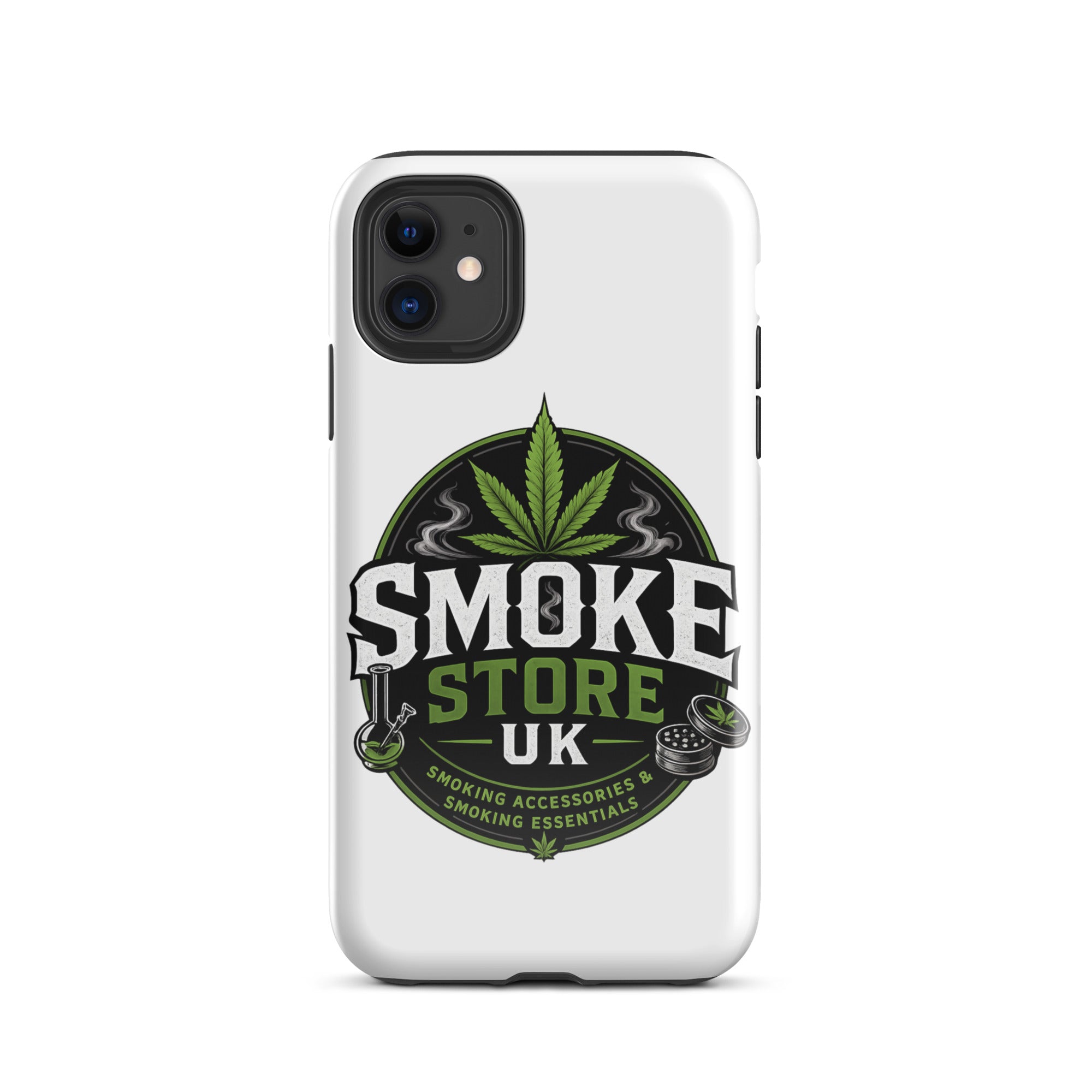 iPhone tough case, white with Smoke Store UK round graphic and camera cutouts