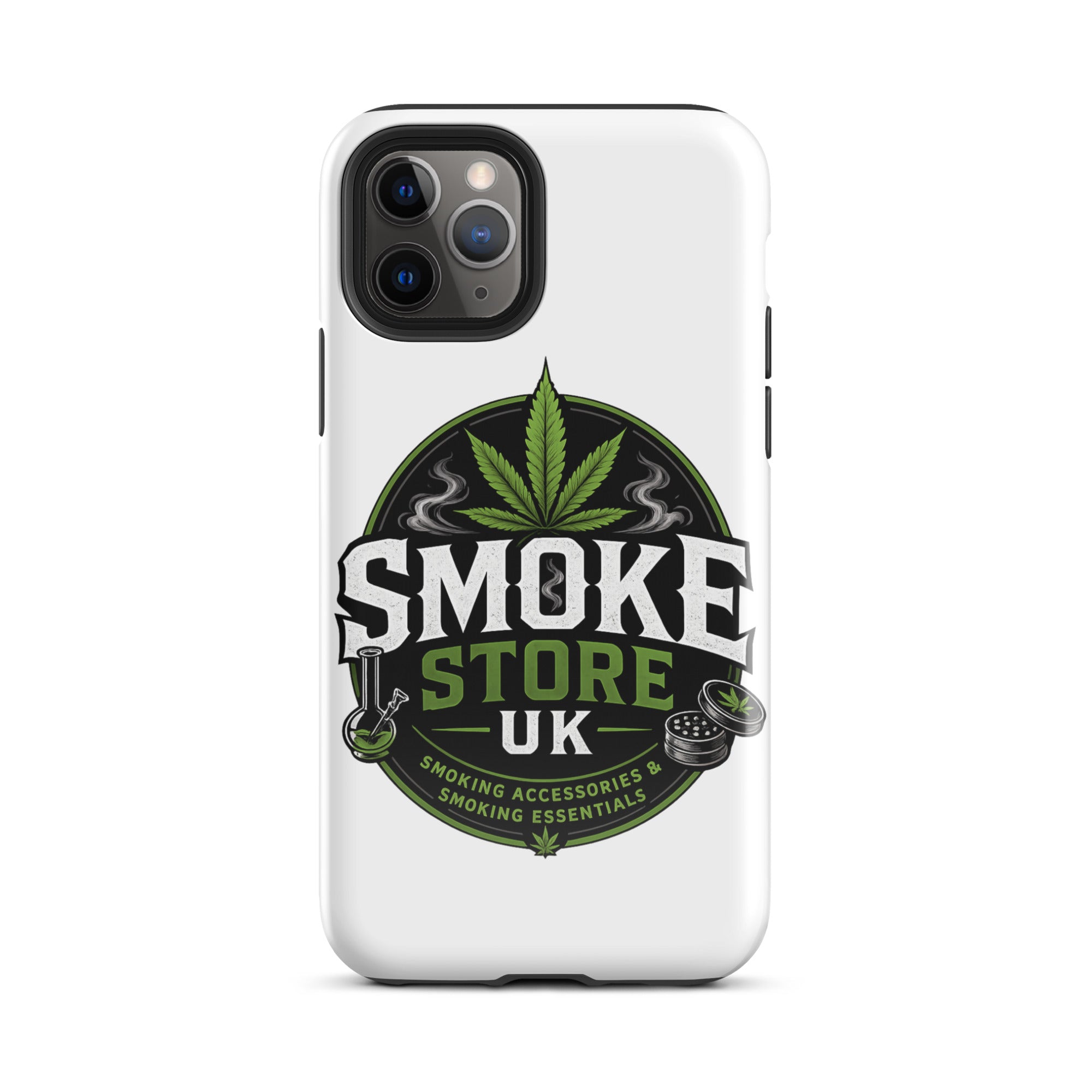 iPhone tough case, white with large Smoke Store UK logo graphic and camera openings