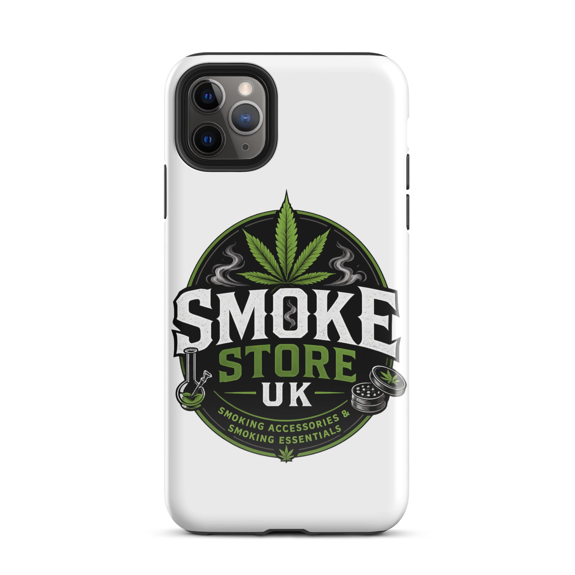 iPhone tough case, white with Smoke Store UK centered emblem and camera cutouts