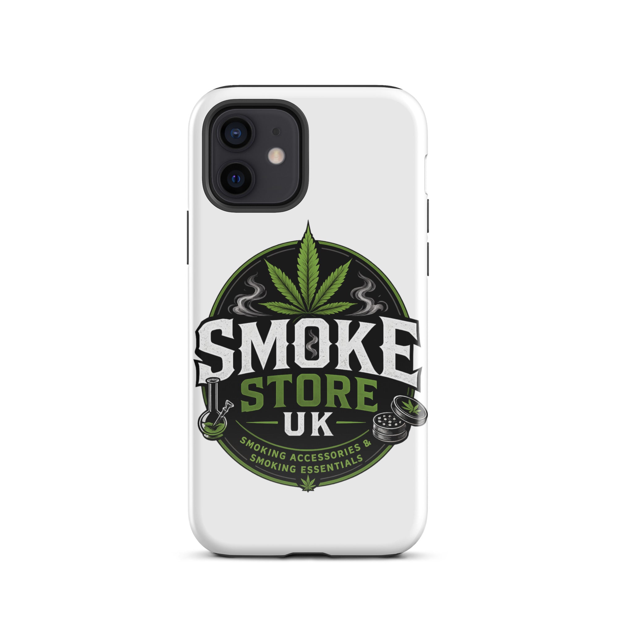iPhone tough case, white with Smoke Store UK graphic and rear camera openings