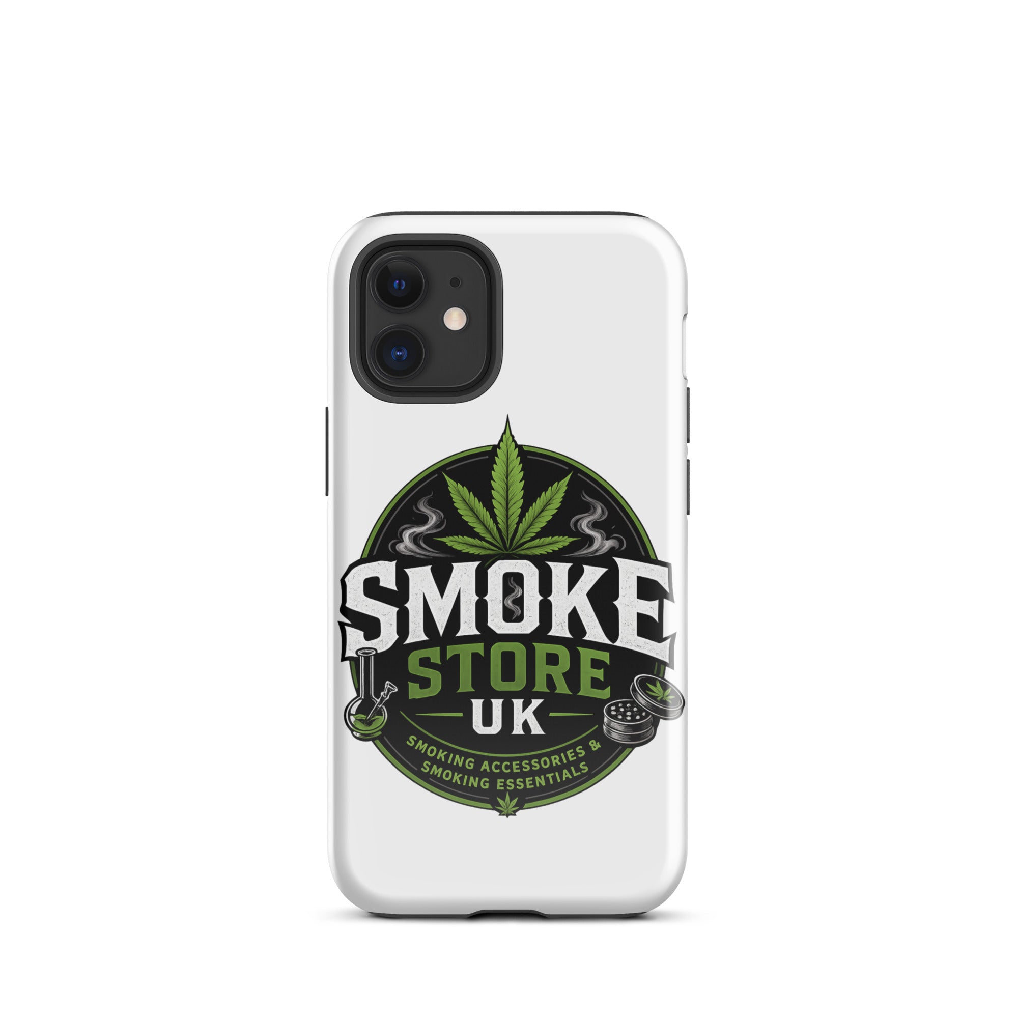 iPhone tough case, white with Smoke Store UK round graphic and front camera cutout