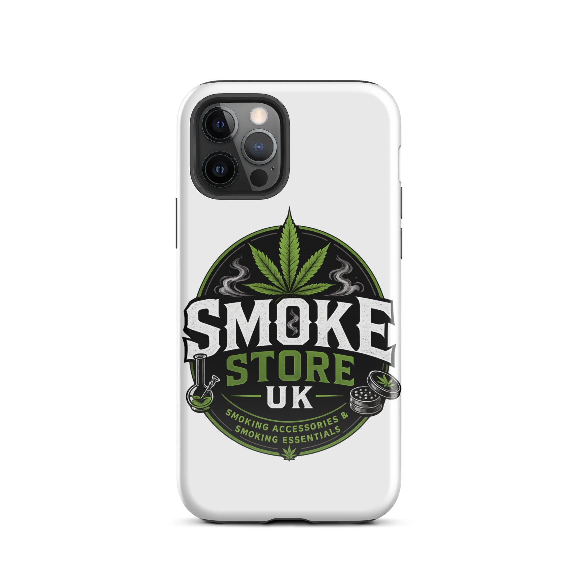 iPhone tough case, white with Smoke Store UK emblem and triple-camera cutouts