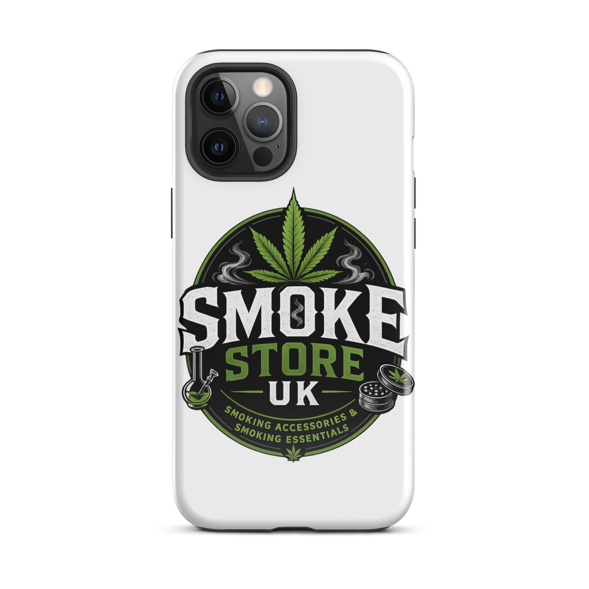 iPhone tough case, white with Smoke Store UK round logo and camera openings