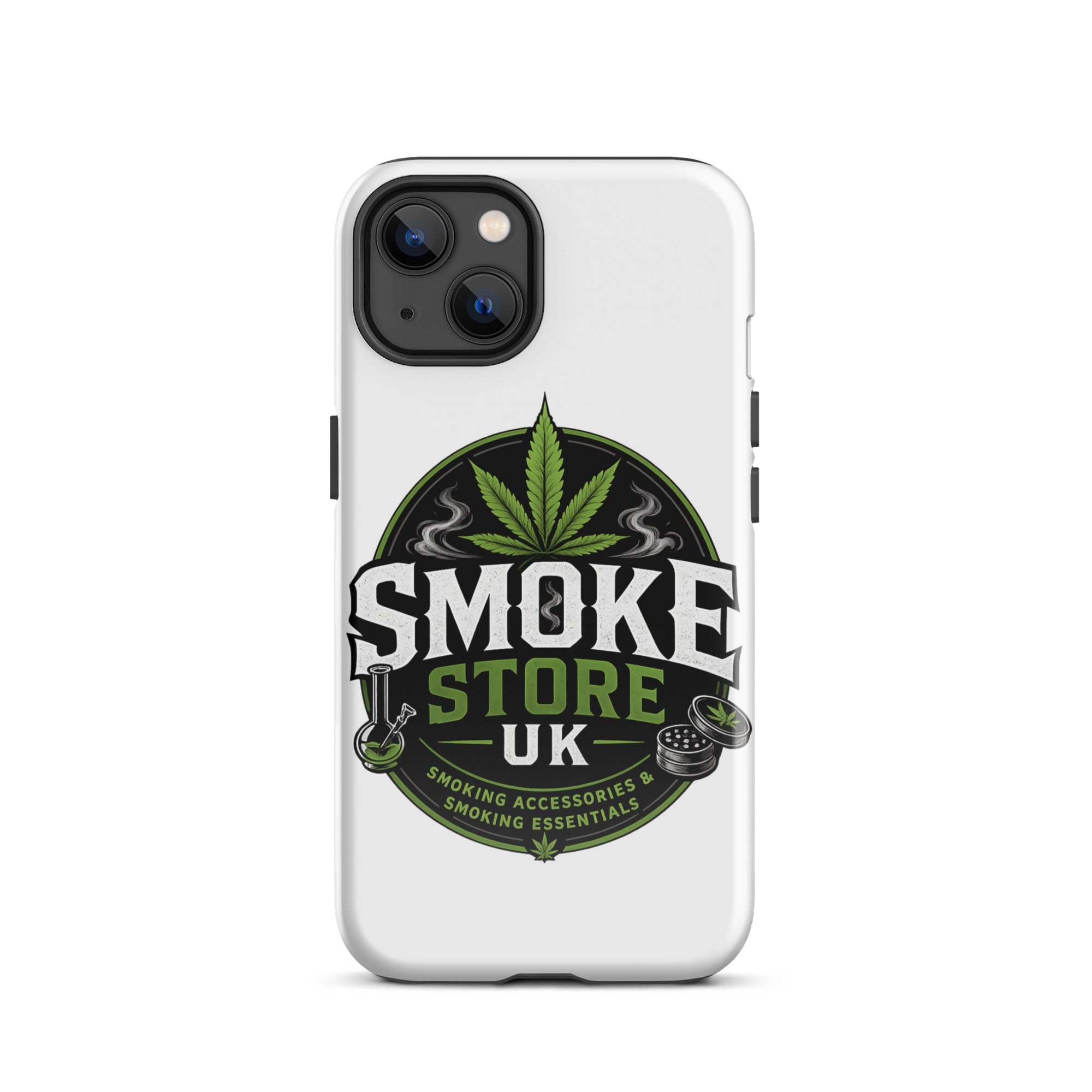 iPhone tough case, white with Smoke Store UK emblem and camera openings