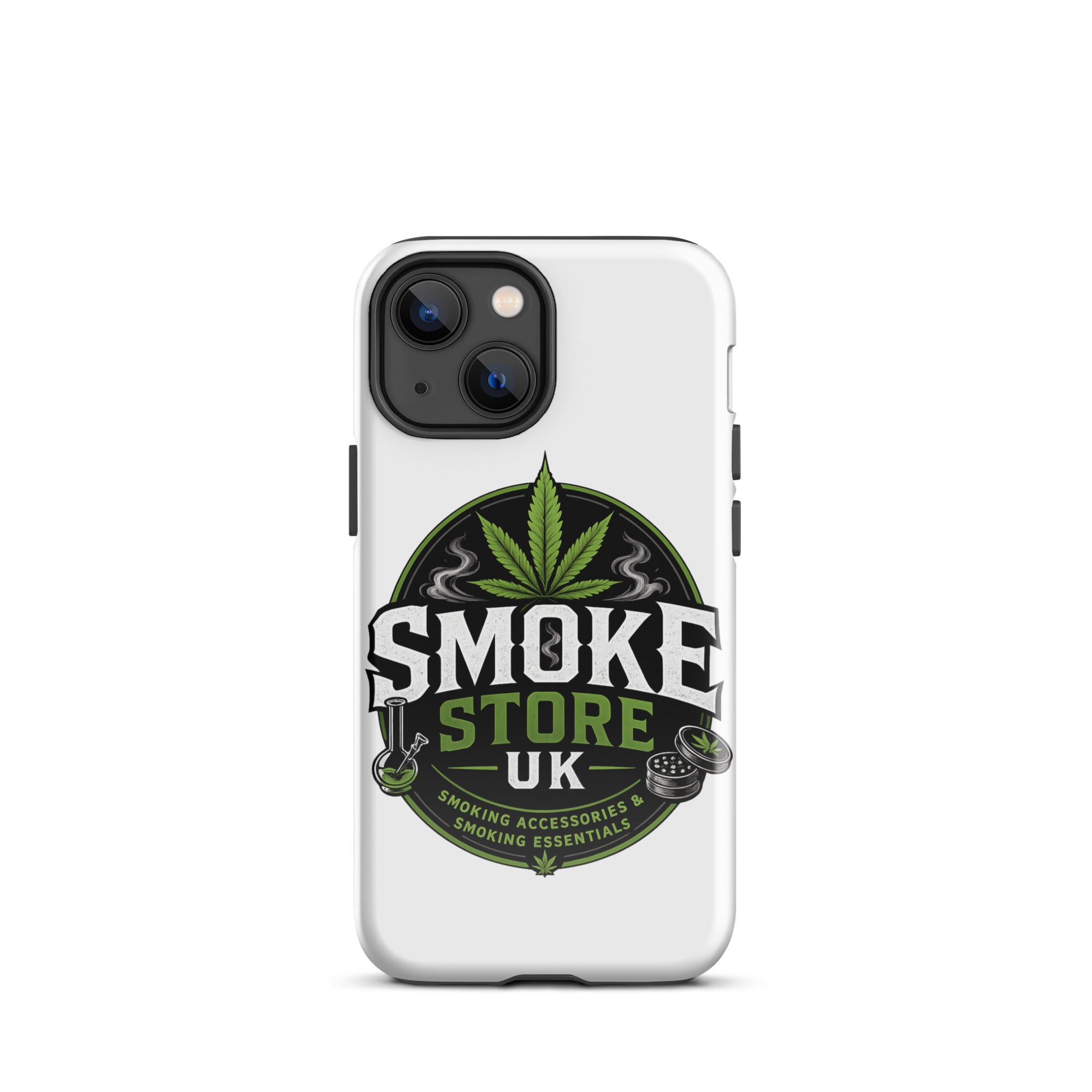 iPhone tough case, white with Smoke Store UK graphic and rear camera cutouts