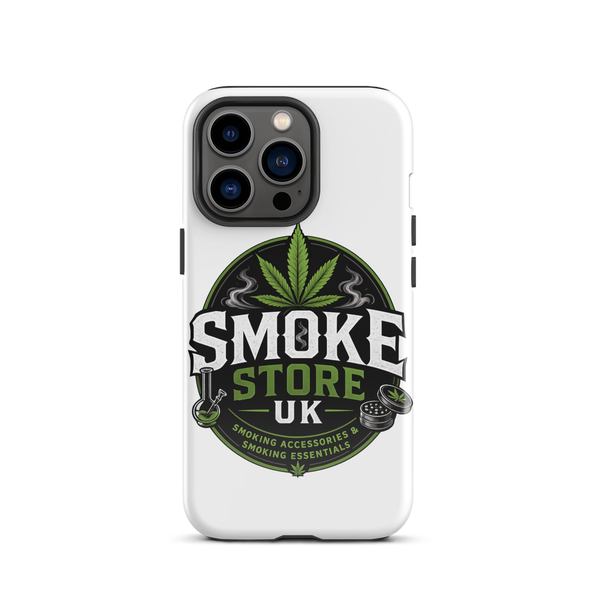 iPhone tough case, white with Smoke Store UK round graphic and quad-camera cutouts