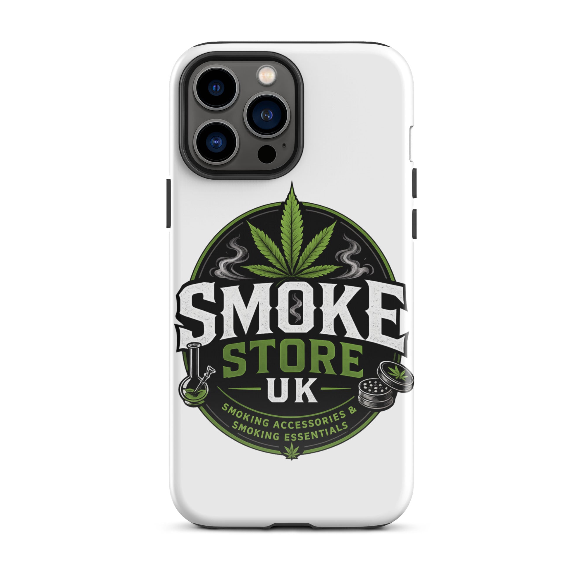 Tough iPhone case with SMOKE STORE UK logo and green leaf on white back, camera cutouts