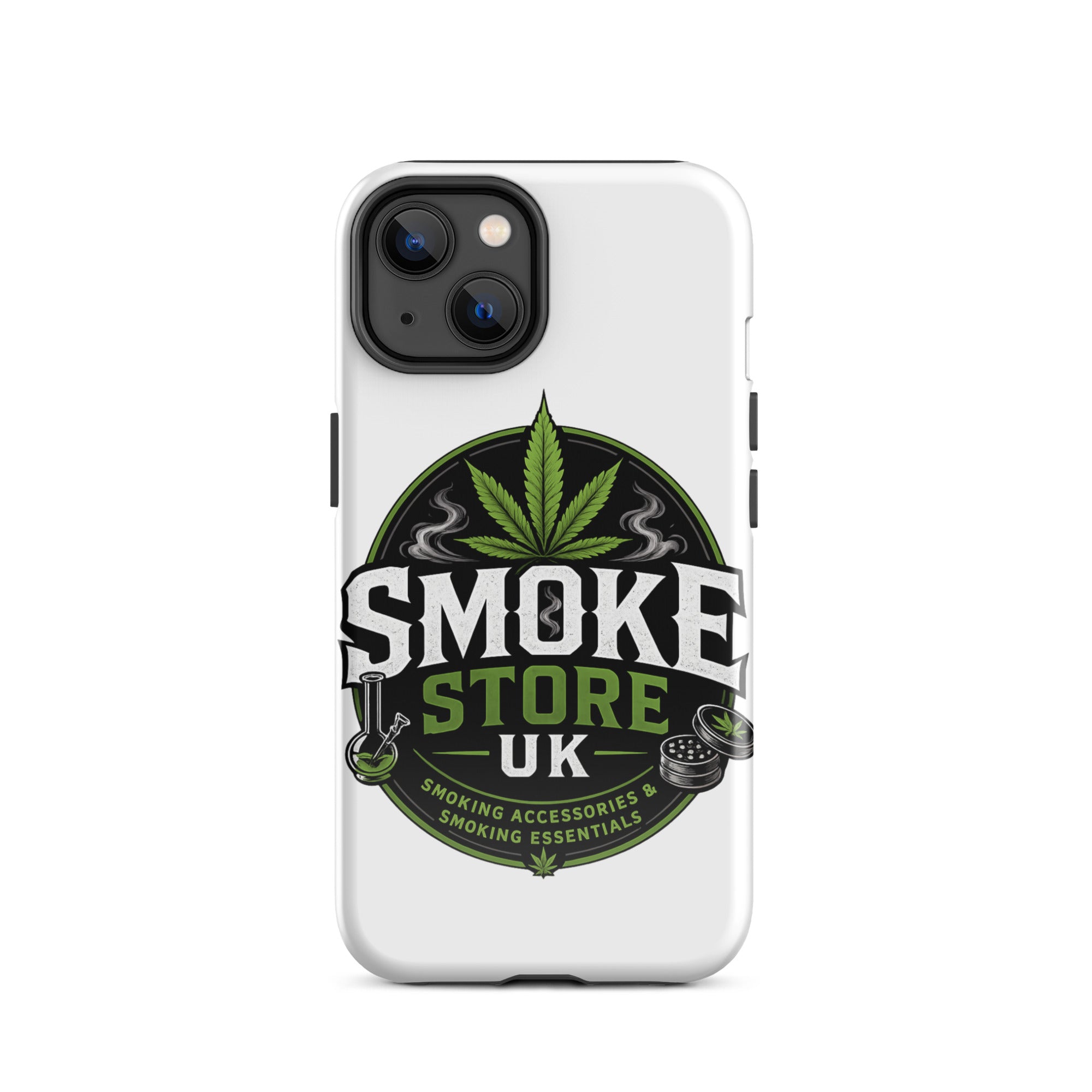 Tough iPhone case with SMOKE STORE UK logo and green leaf on white back, camera cutouts