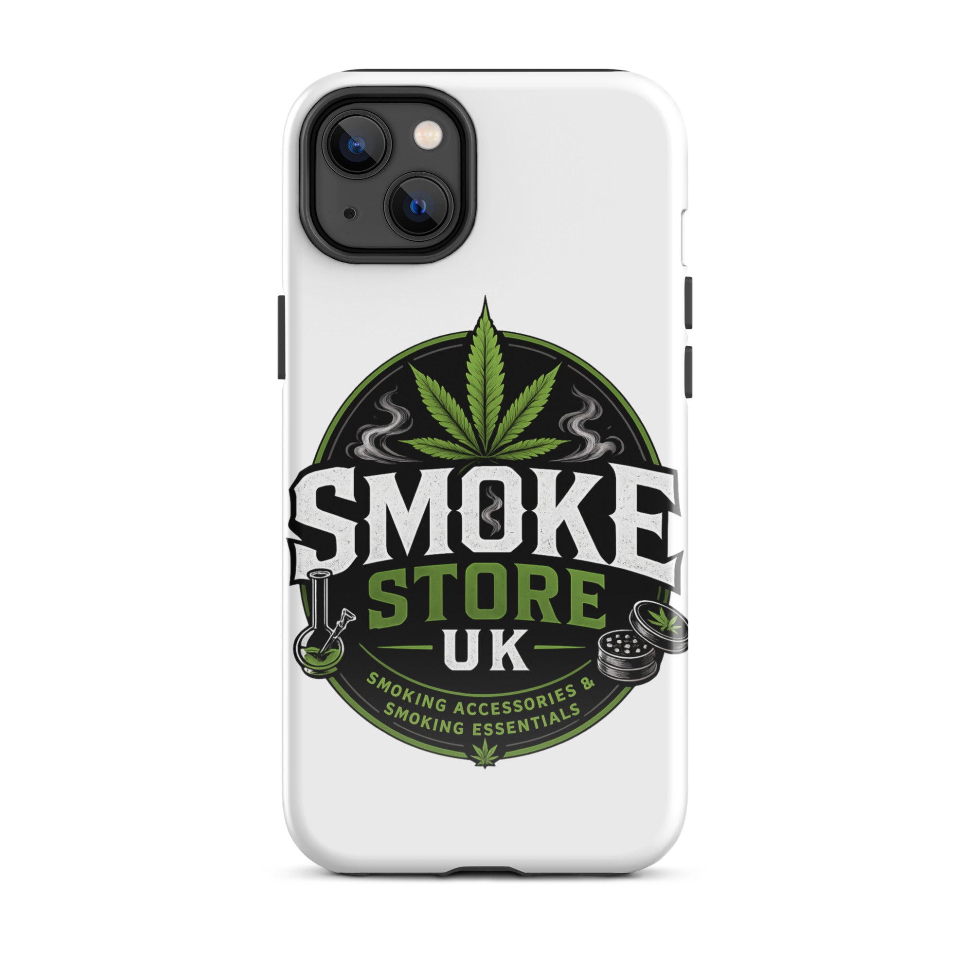 Tough iPhone case with SMOKE STORE UK logo and green leaf on white back, visible side buttons