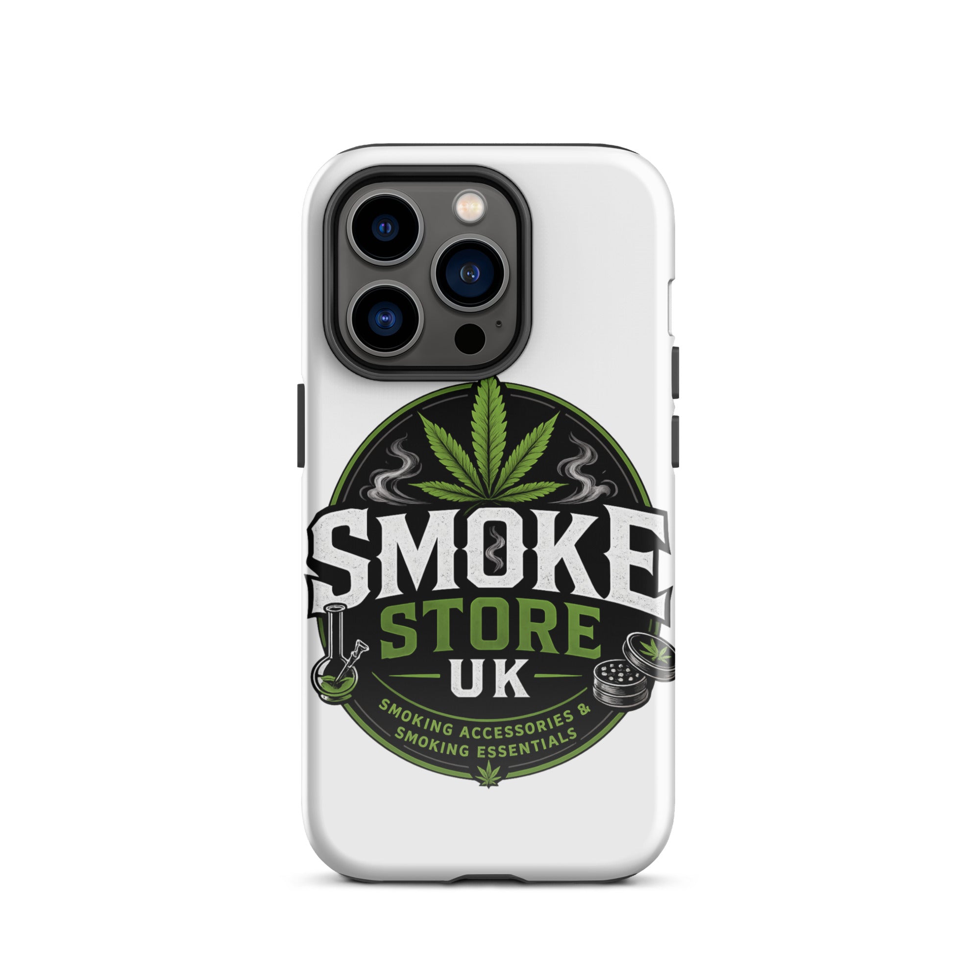 Tough iPhone case with SMOKE STORE UK logo and green leaf on white back, camera cutouts