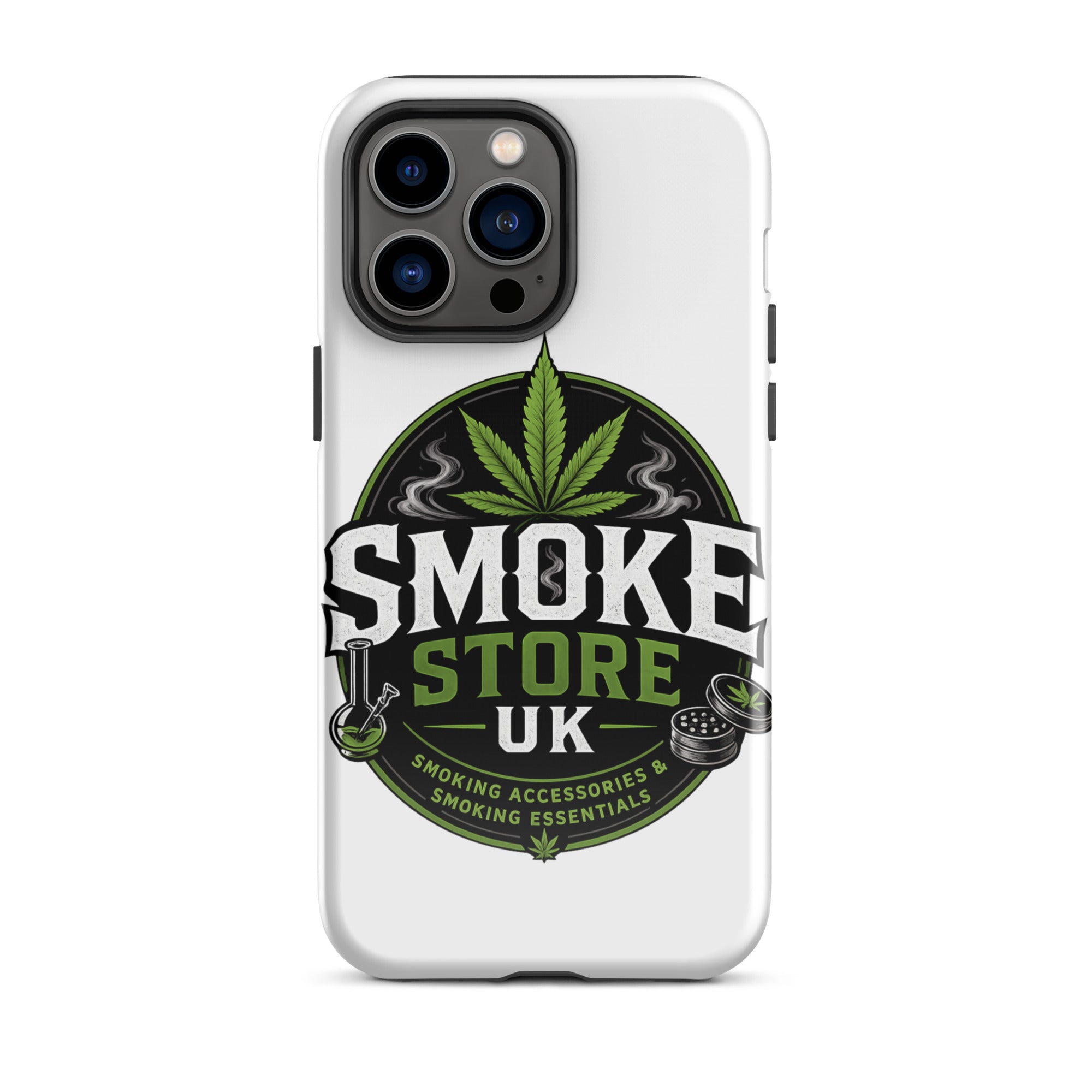 Tough iPhone case with SMOKE STORE UK logo and green leaf on white back, camera cutouts