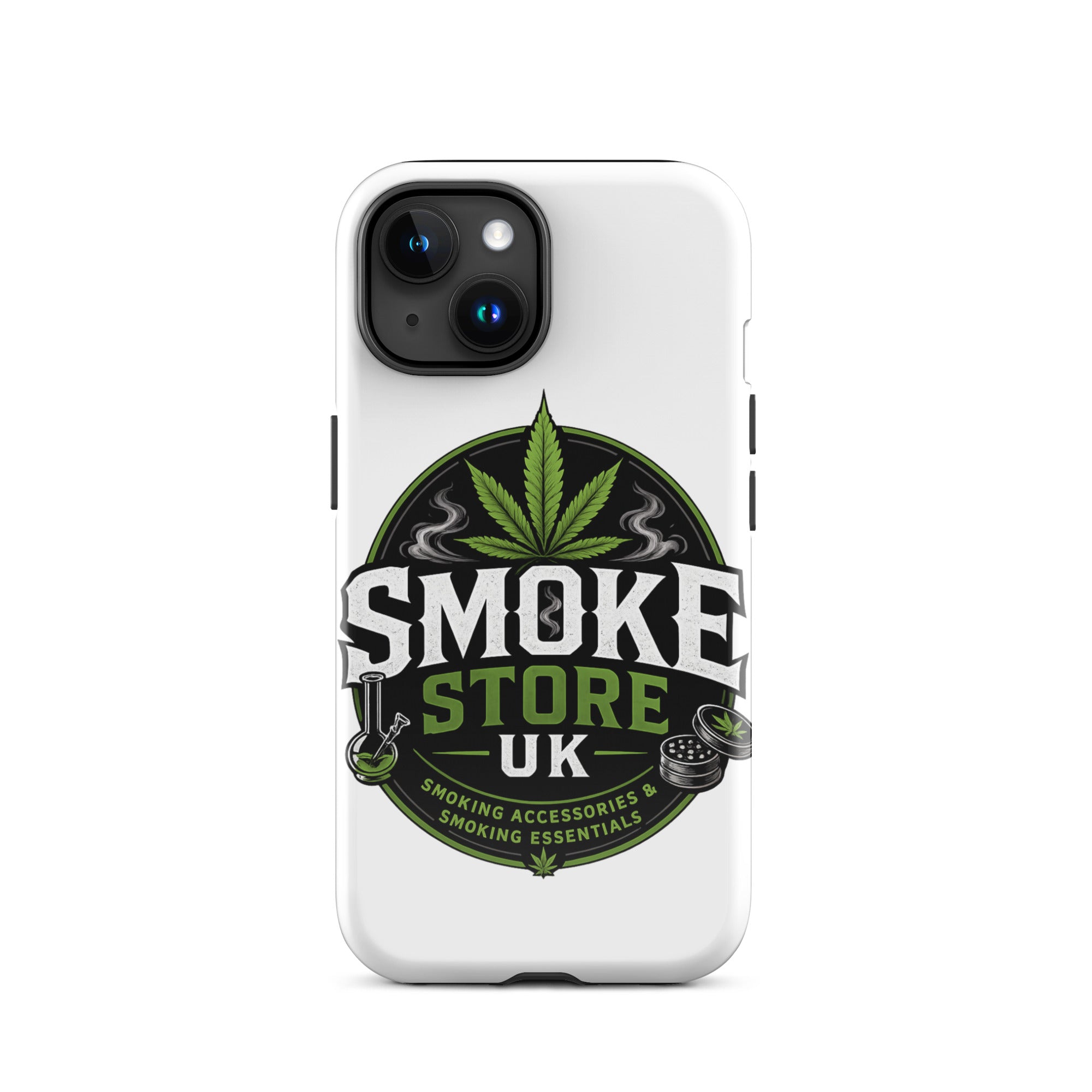 Tough iPhone case with SMOKE STORE UK logo and green leaf on white back, camera cutouts
