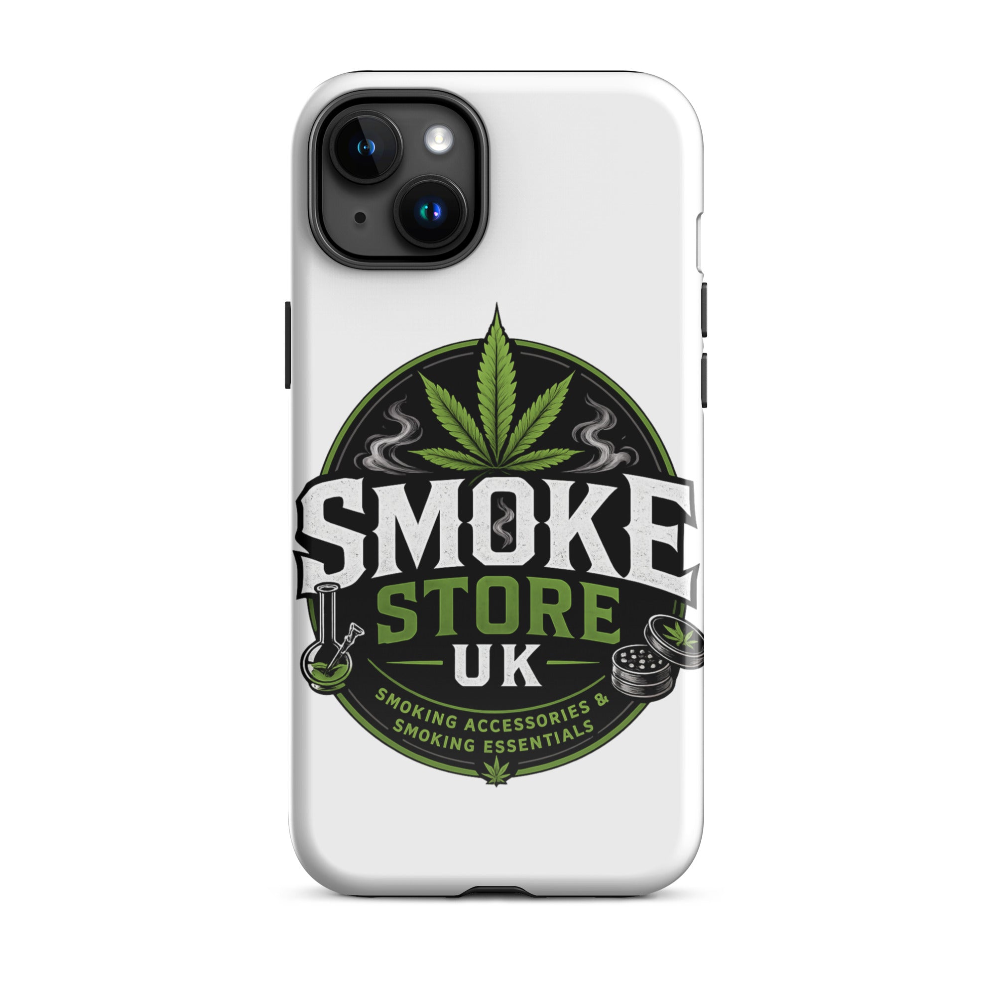 Tough iPhone case with SMOKE STORE UK logo and green leaf on white back, visible side buttons