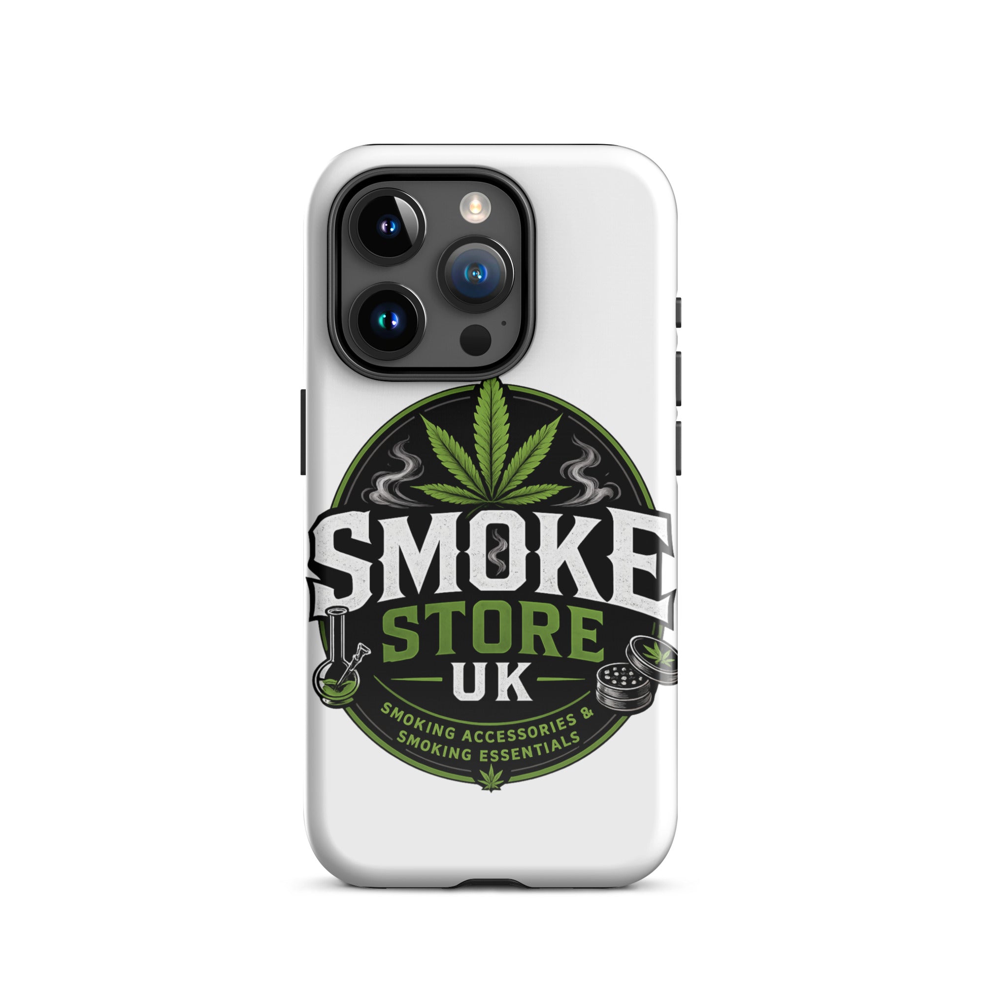 Tough iPhone case with SMOKE STORE UK logo and green leaf on white back, camera cutouts