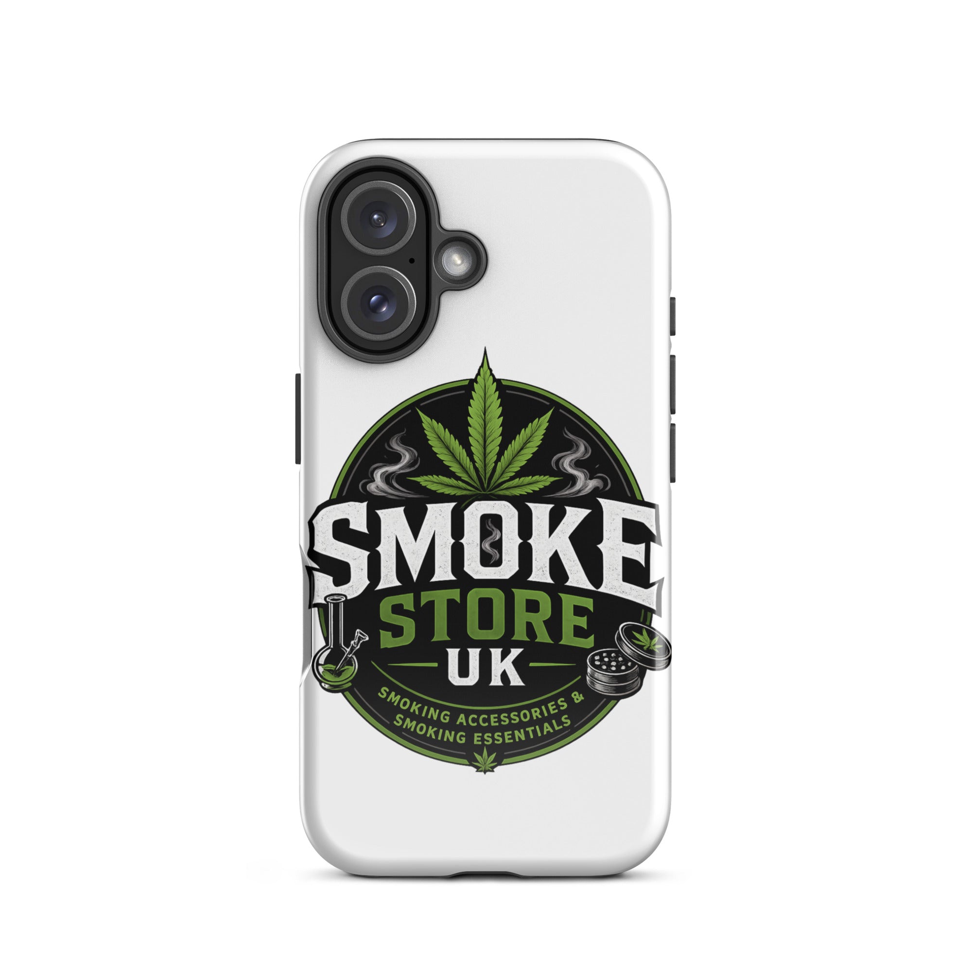 Tough iPhone case with SMOKE STORE UK logo and green leaf on white back, camera cutouts