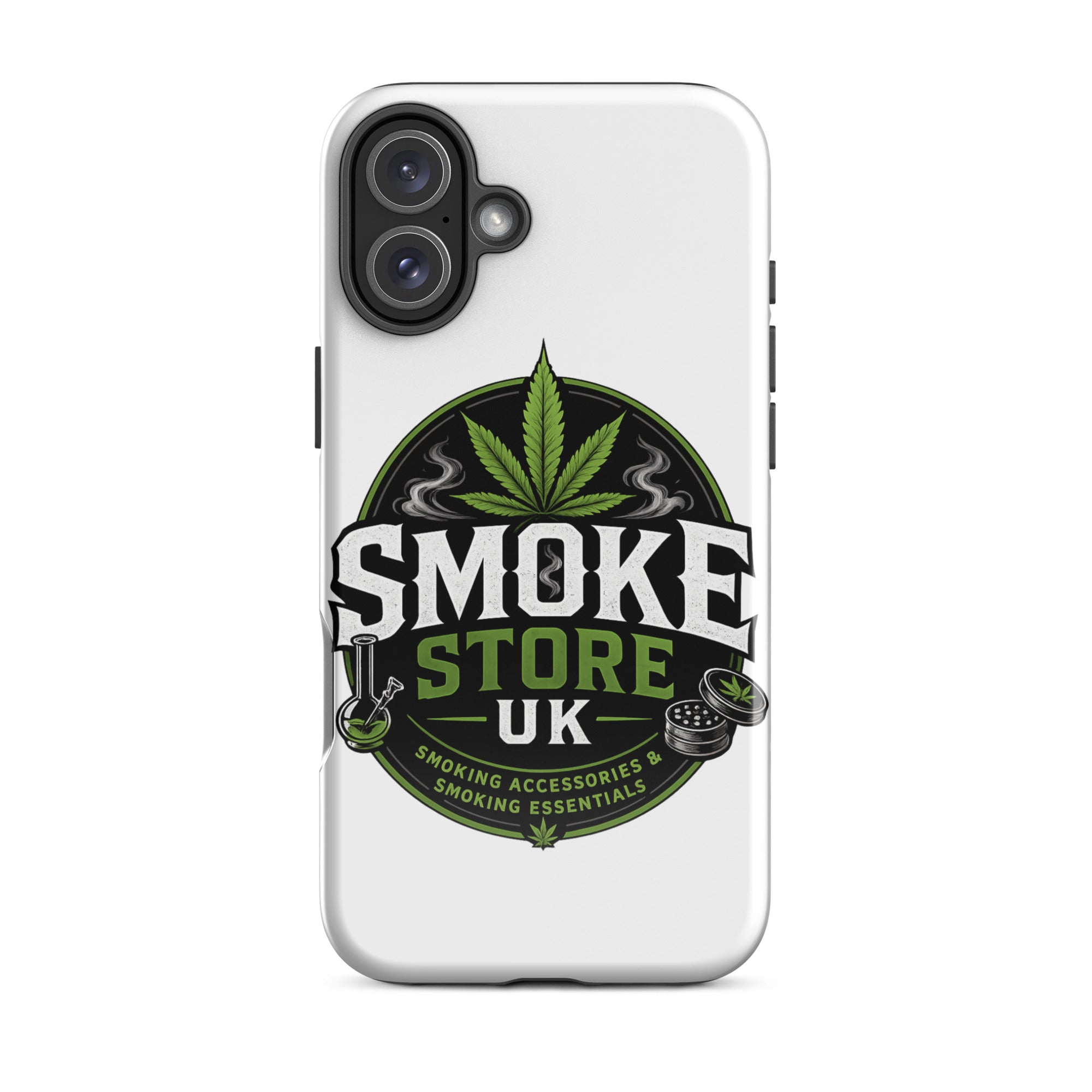 Tough case for iPhone® with white back and Smoke Store UK logo, green leaf graphic