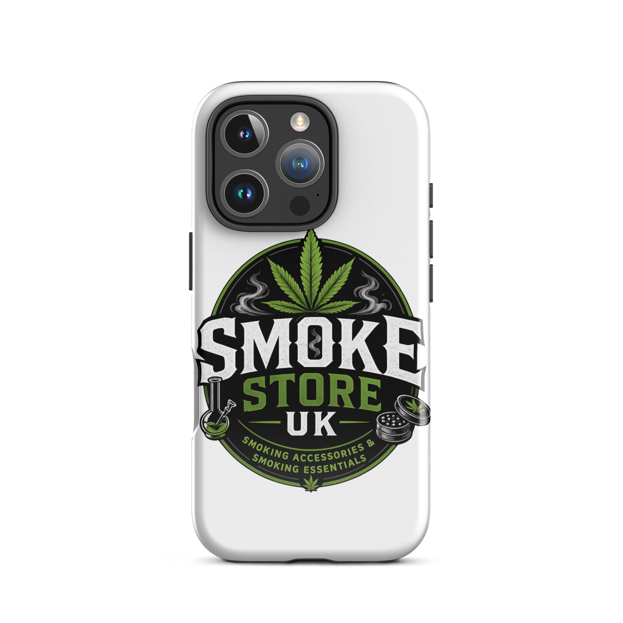 Tough case for iPhone® with white back and Smoke Store UK logo, centered green leaf design