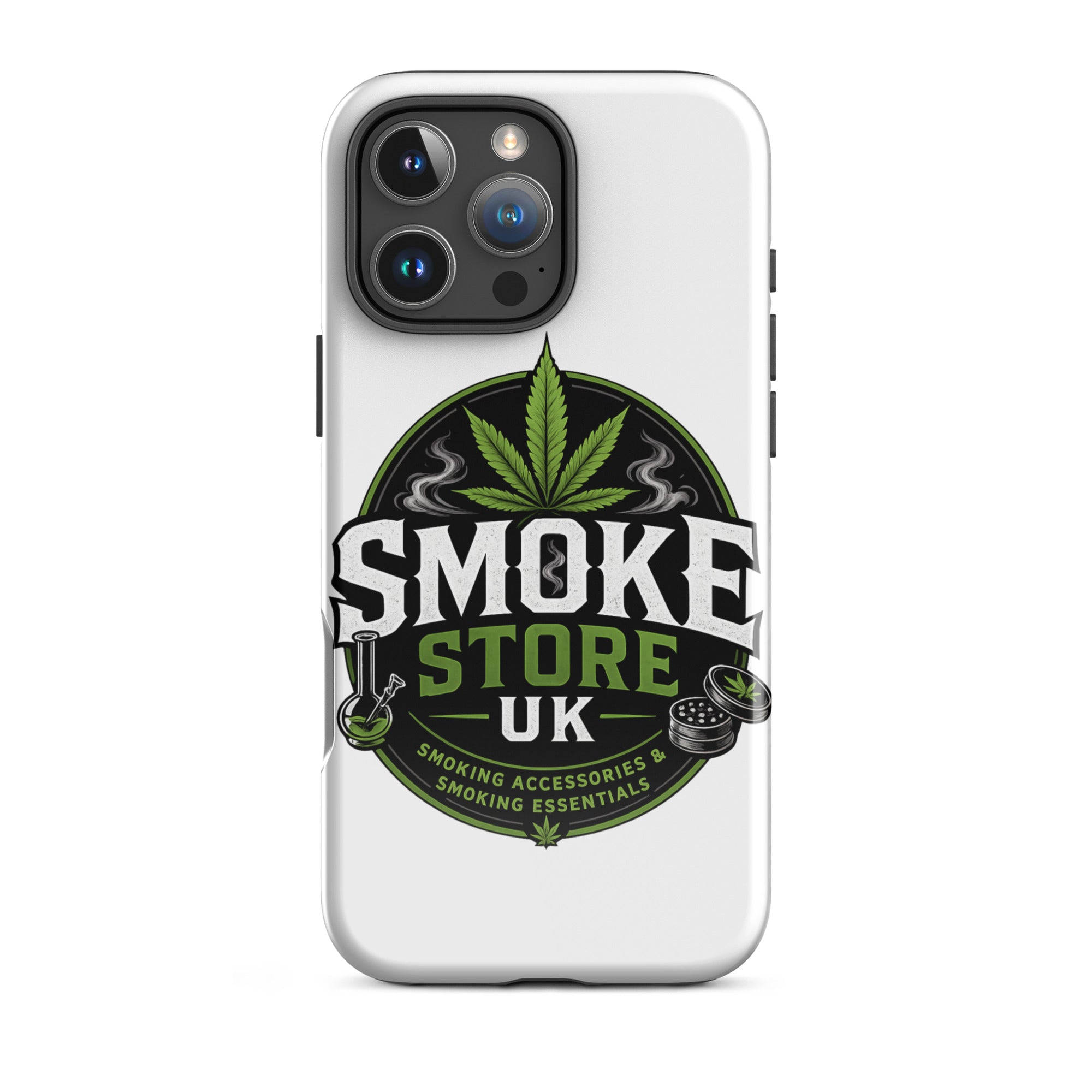Tough case for iPhone® with white back and Smoke Store UK logo, green leaf over camera cutouts