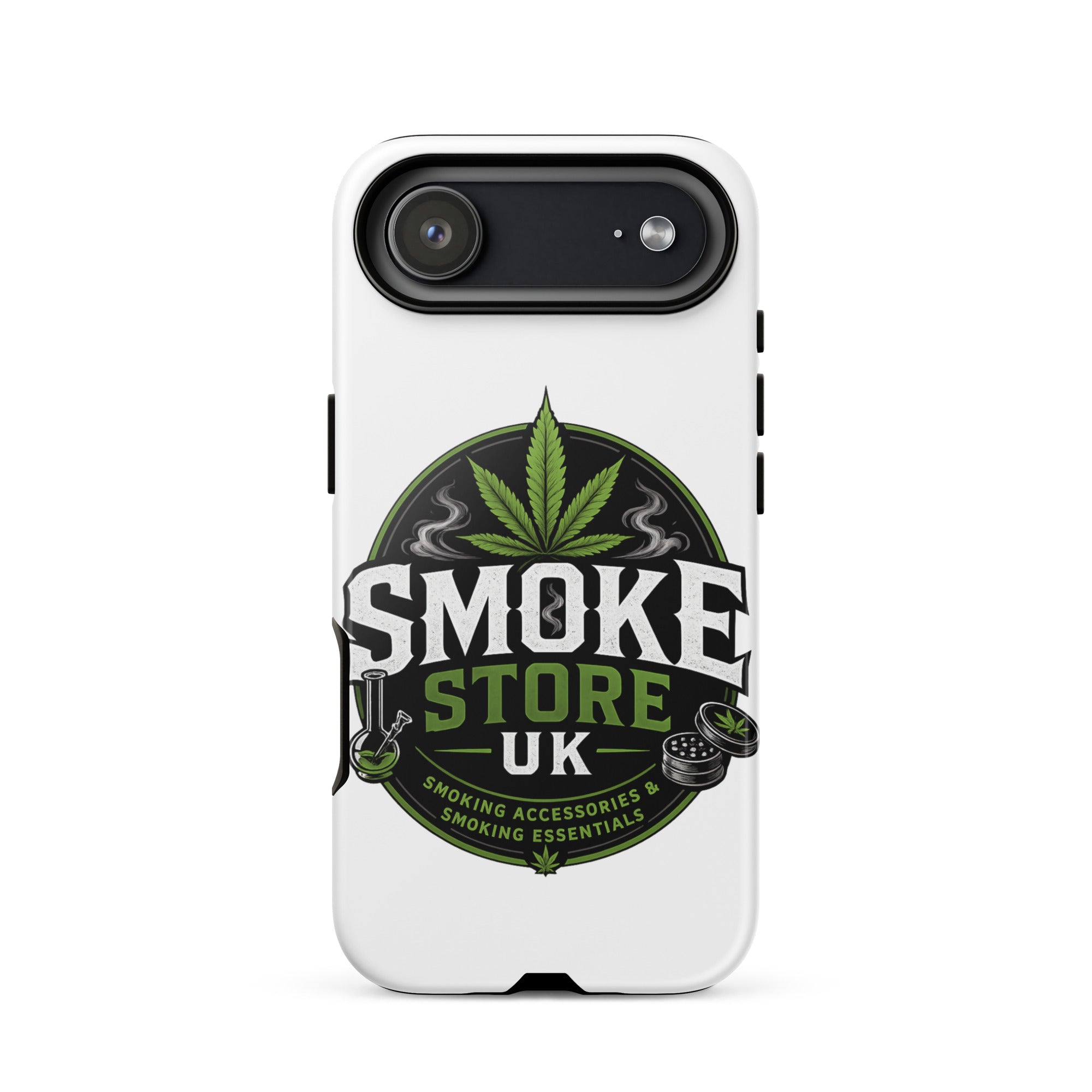 Tough case for iPhone® with white back and Smoke Store UK logo, green leaf over top camera bar