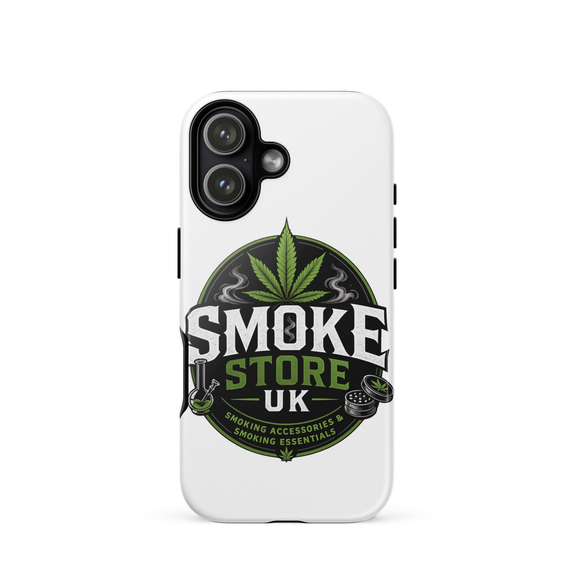 Tough case for iPhone® with white back and Smoke Store UK logo, green leaf and camera cutout