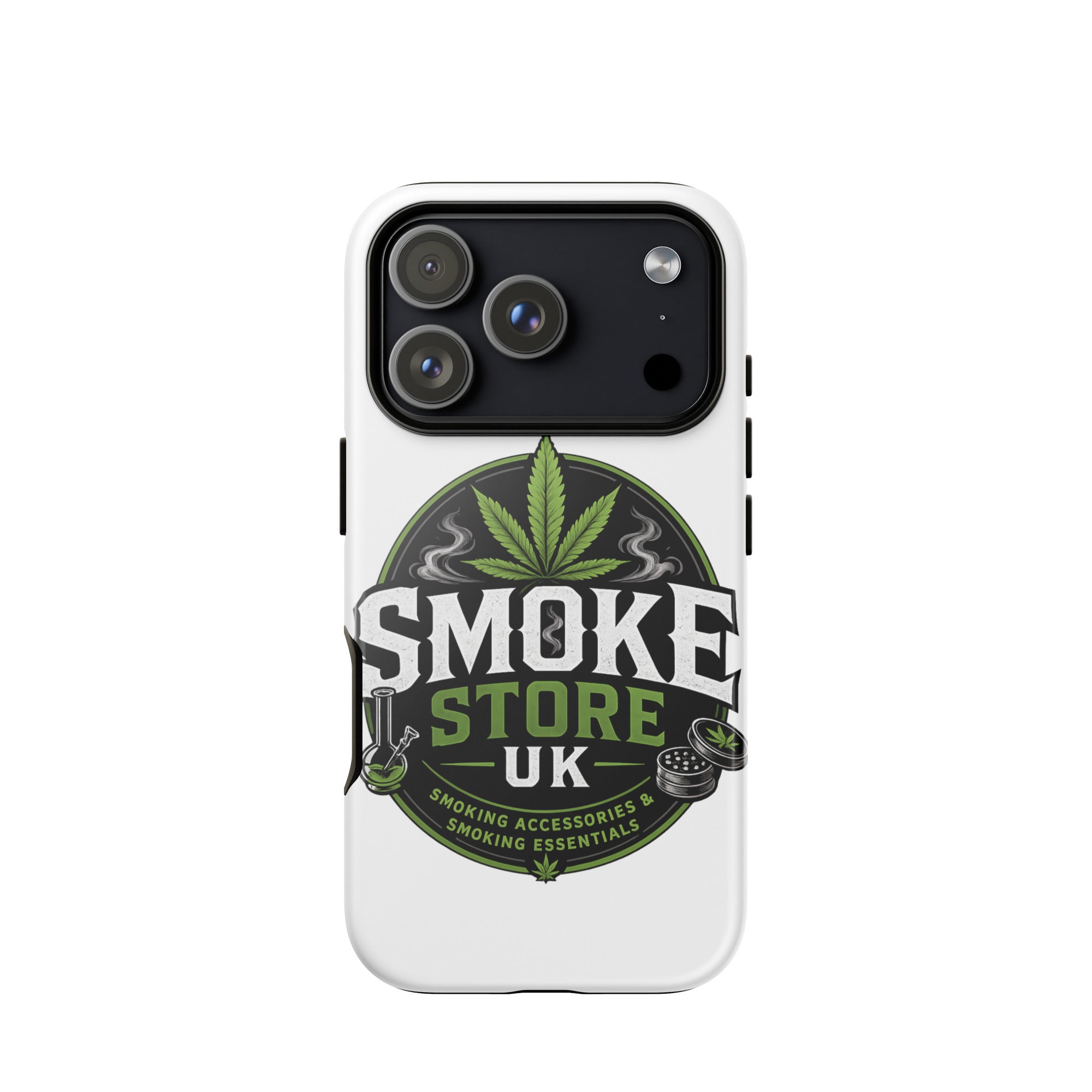 Tough case for iPhone® with white back and Smoke Store UK logo, green leaf over large camera window