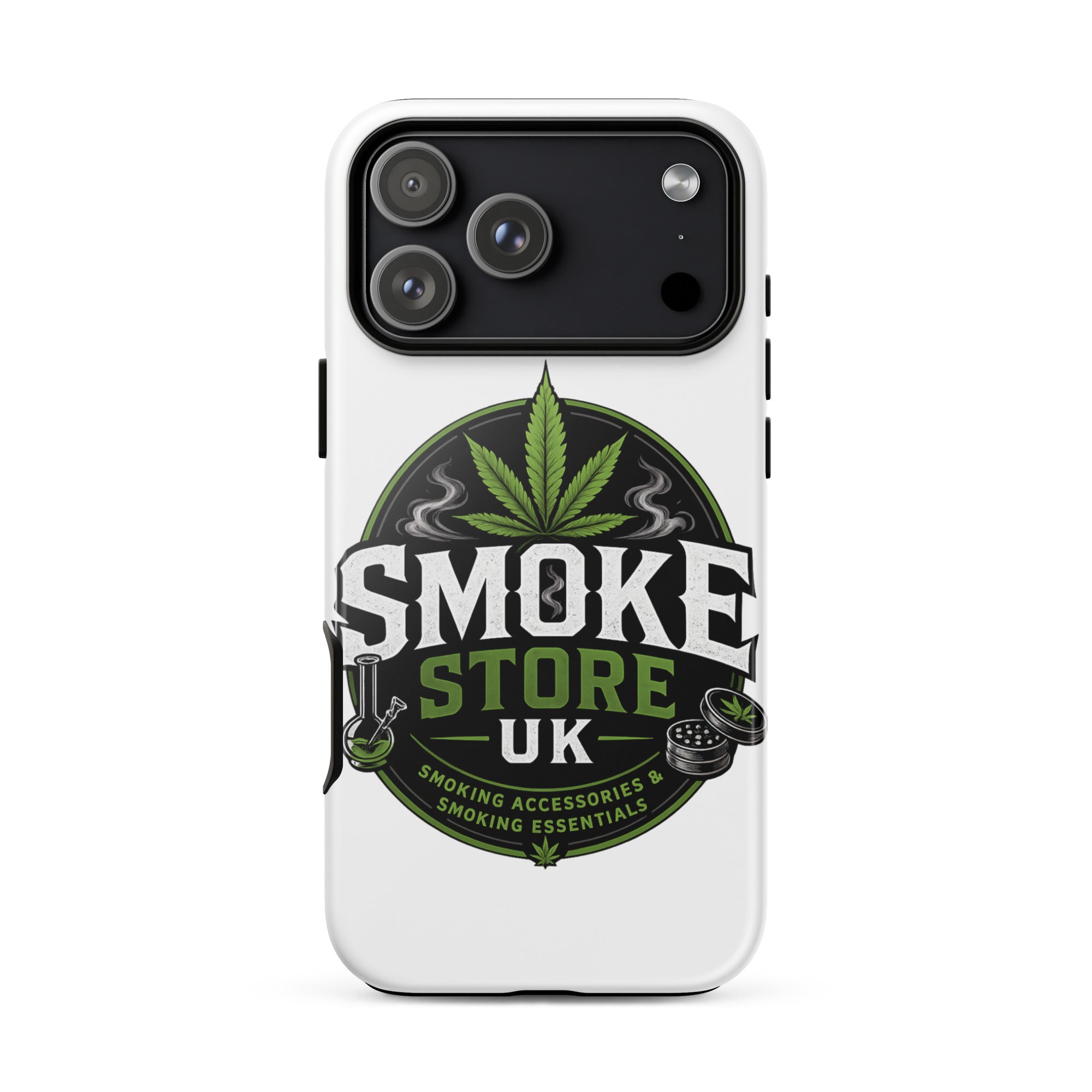 Tough case for iPhone® with white back and Smoke Store UK logo, green leaf over black camera area