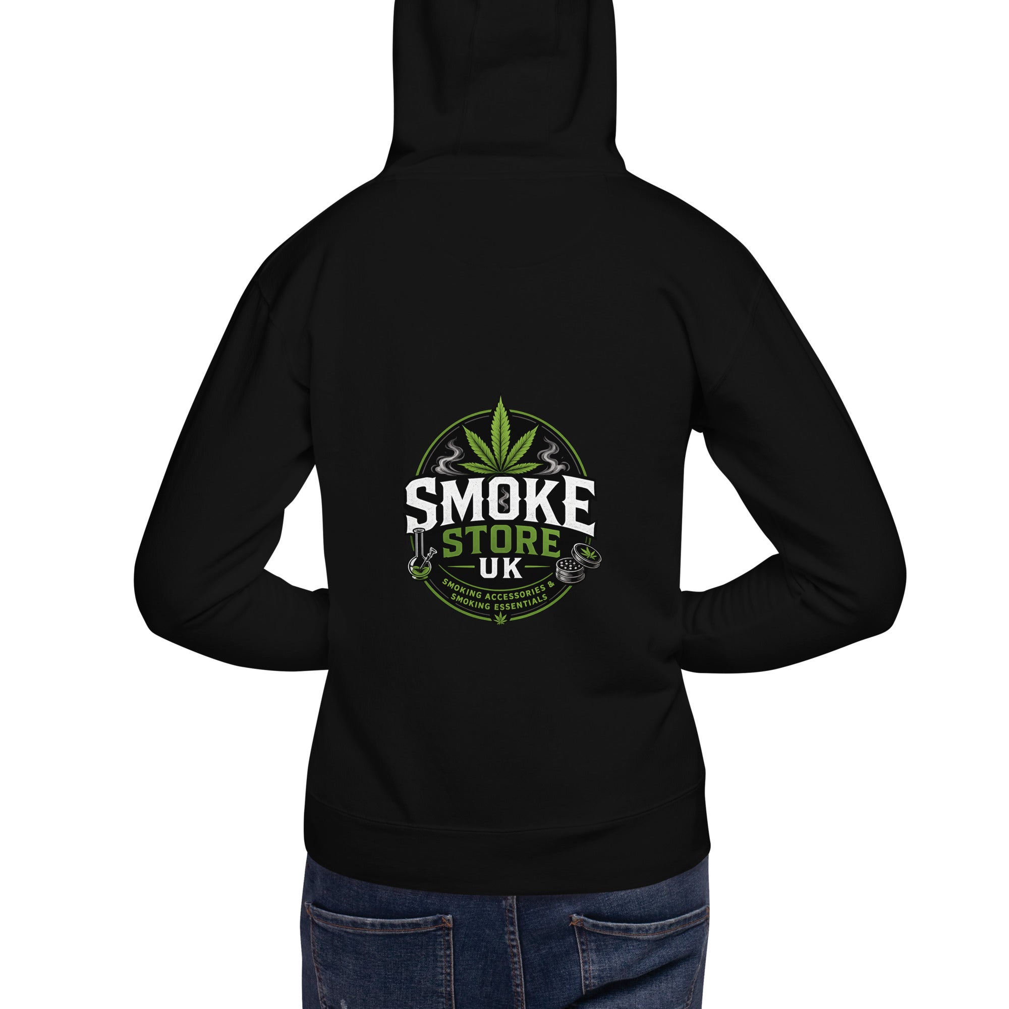 Black unisex hoodie with back Smoke Store UK logo