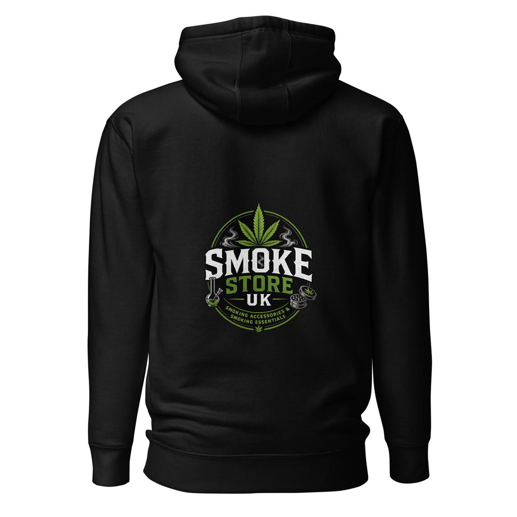 Black unisex hoodie with centered back Smoke Store UK logo