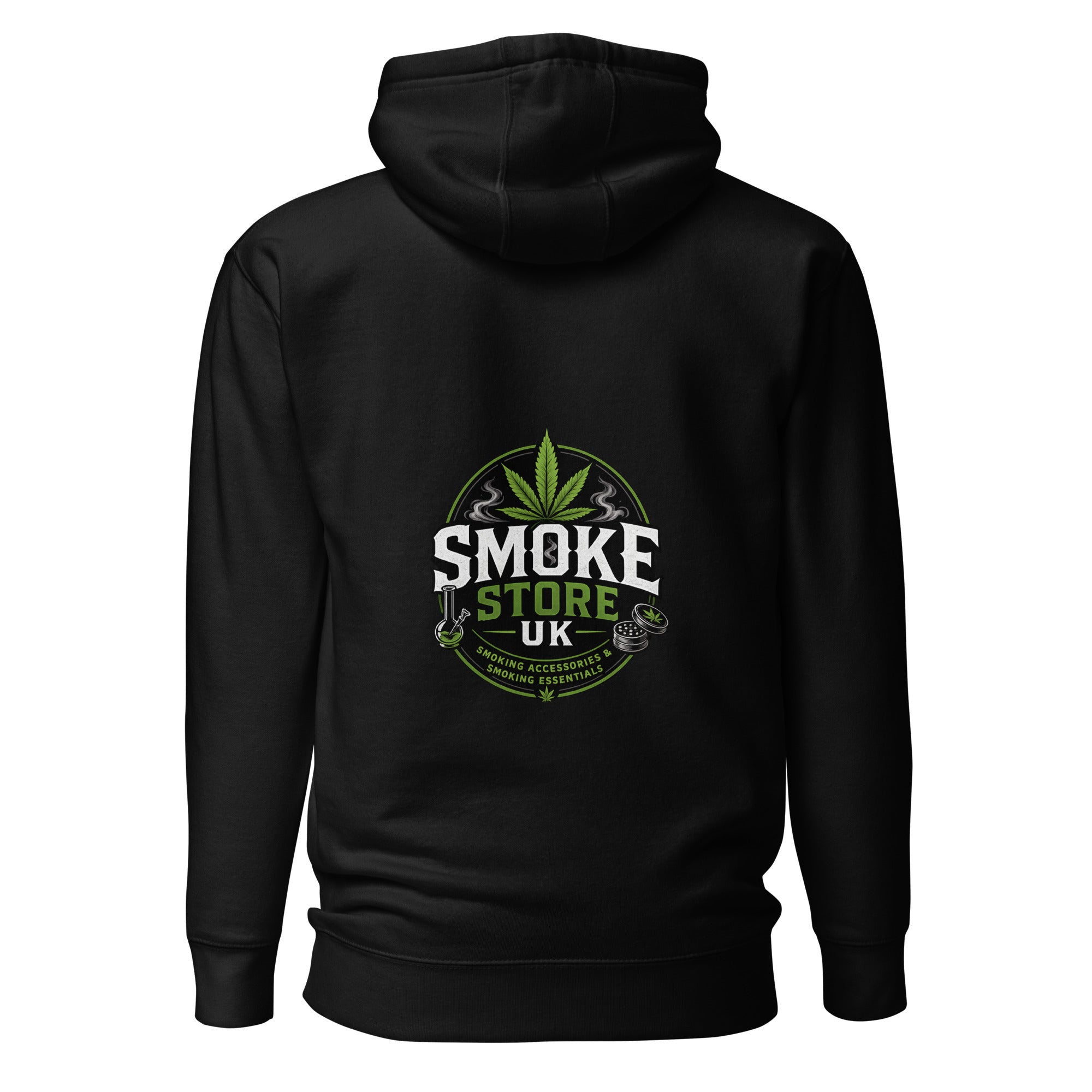 Black unisex hoodie with centered back Smoke Store UK logo