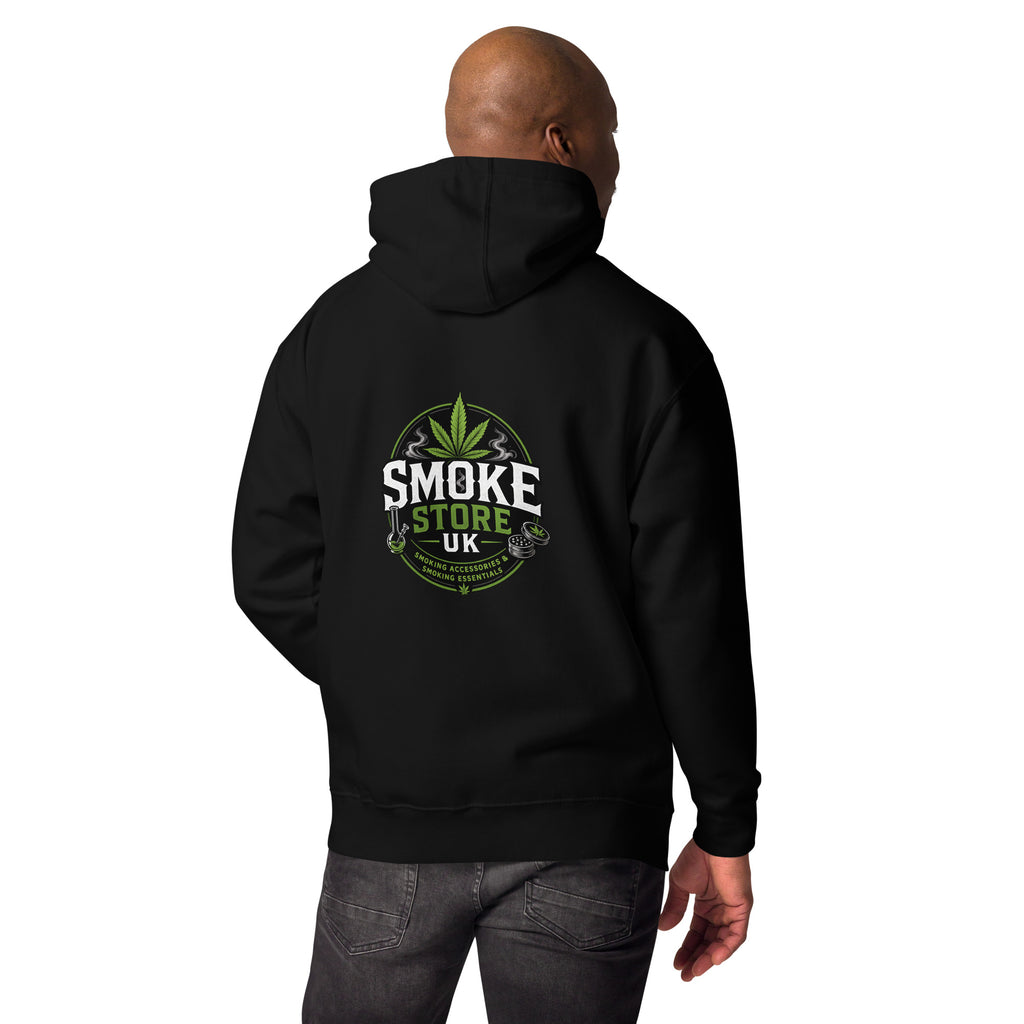 Black unisex hoodie with back Smoke Store UK logo, model wearing it