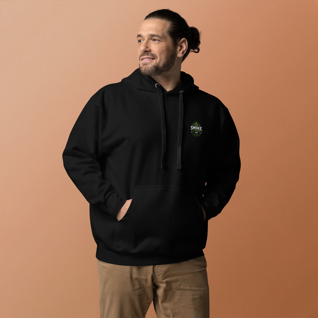 Black unisex hoodie with front Smoke Store UK chest logo and kangaroo pocket