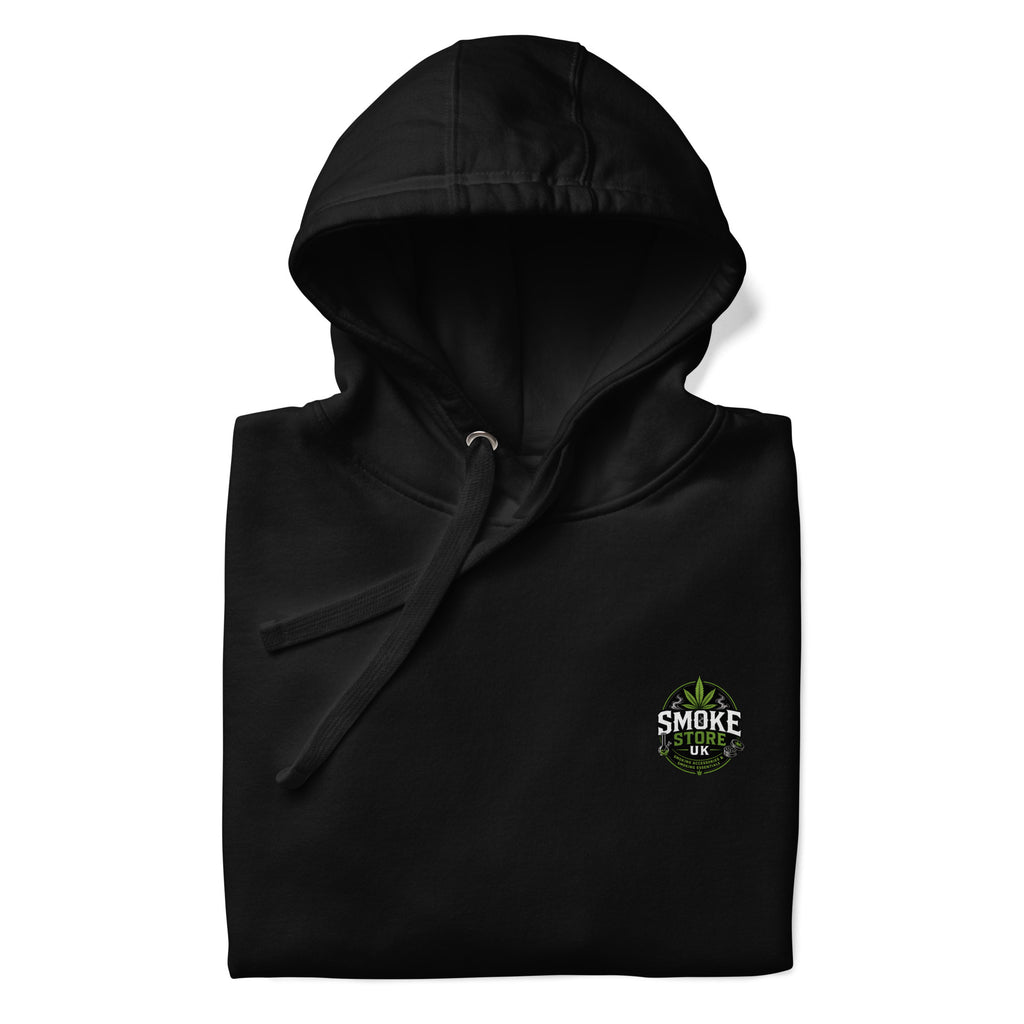 Black unisex hoodie with hood drawstring, kangaroo pocket, small chest logo.