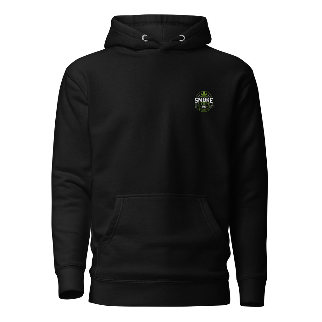 Black unisex hoodie with small Smoke Store UK chest logo and kangaroo pocket