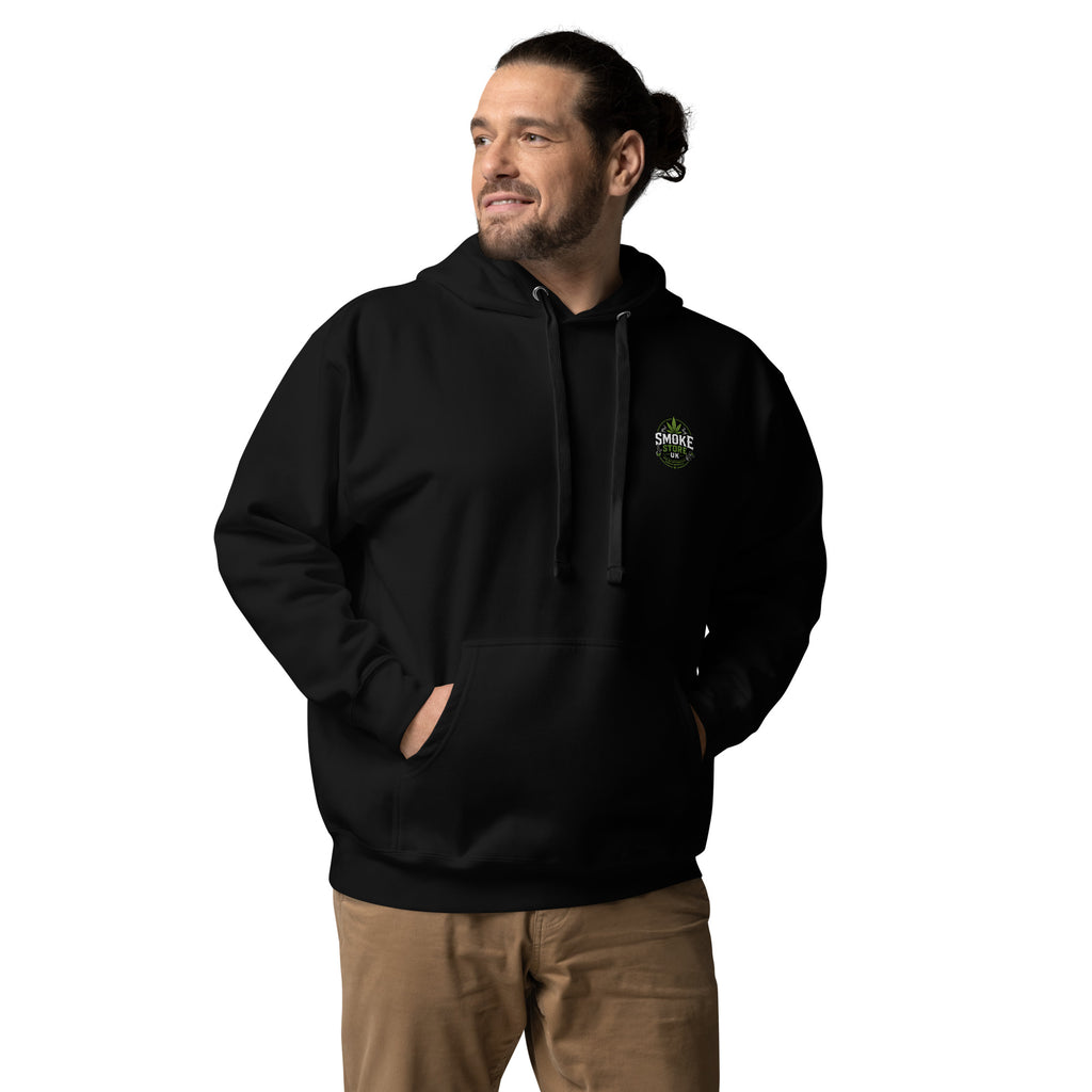 Black unisex hoodie with front Smoke Store UK chest logo and drawstring hood