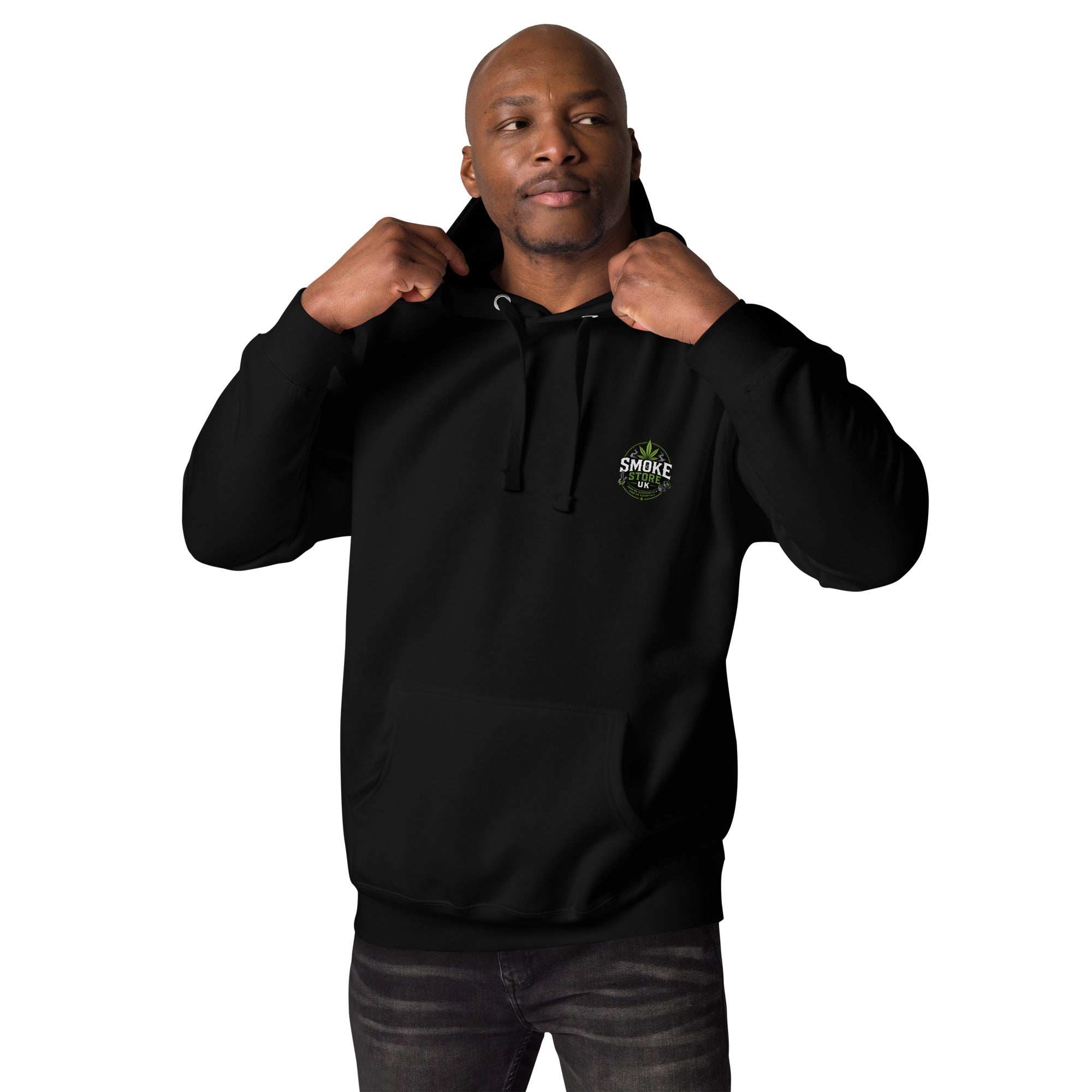 Black unisex hoodie with front Smoke Store UK logo and drawstring hood