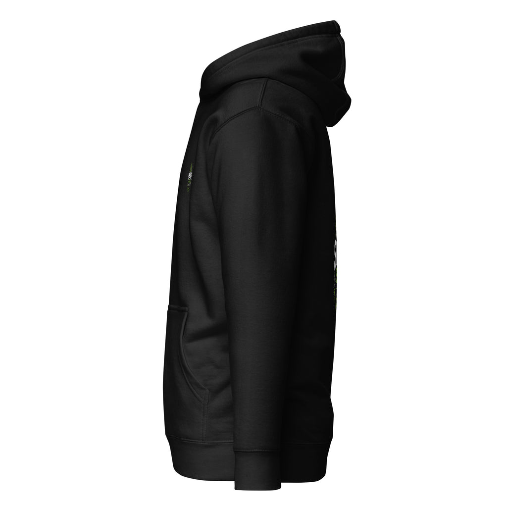 Black unisex hoodie side profile with hood and kangaroo pocket