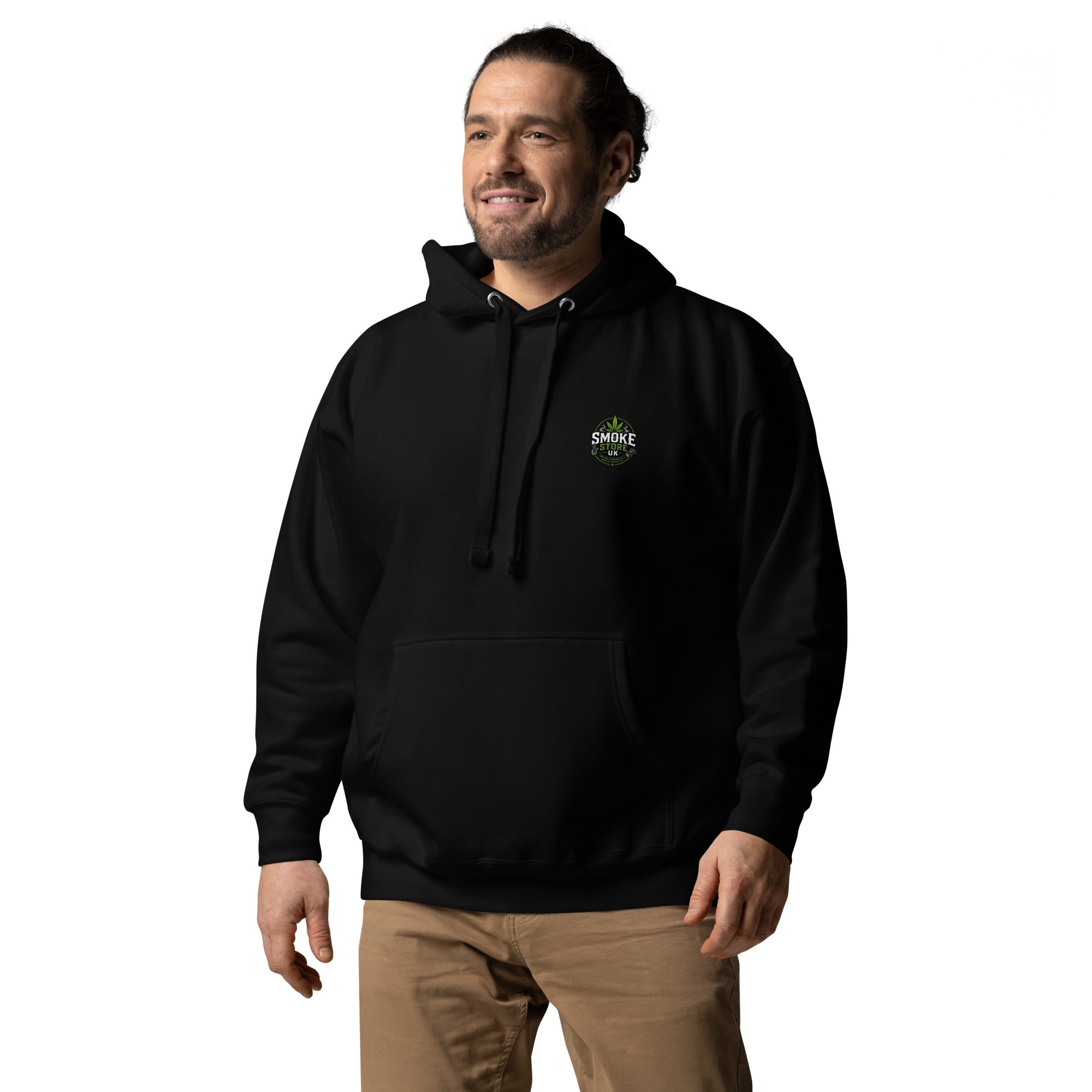 Black unisex hoodie with front Smoke Store UK chest logo and drawstring hood