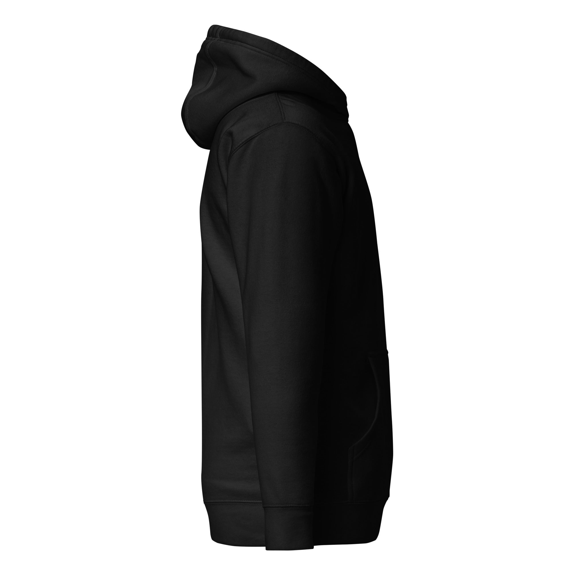 Black unisex hoodie side profile with hood and long sleeves