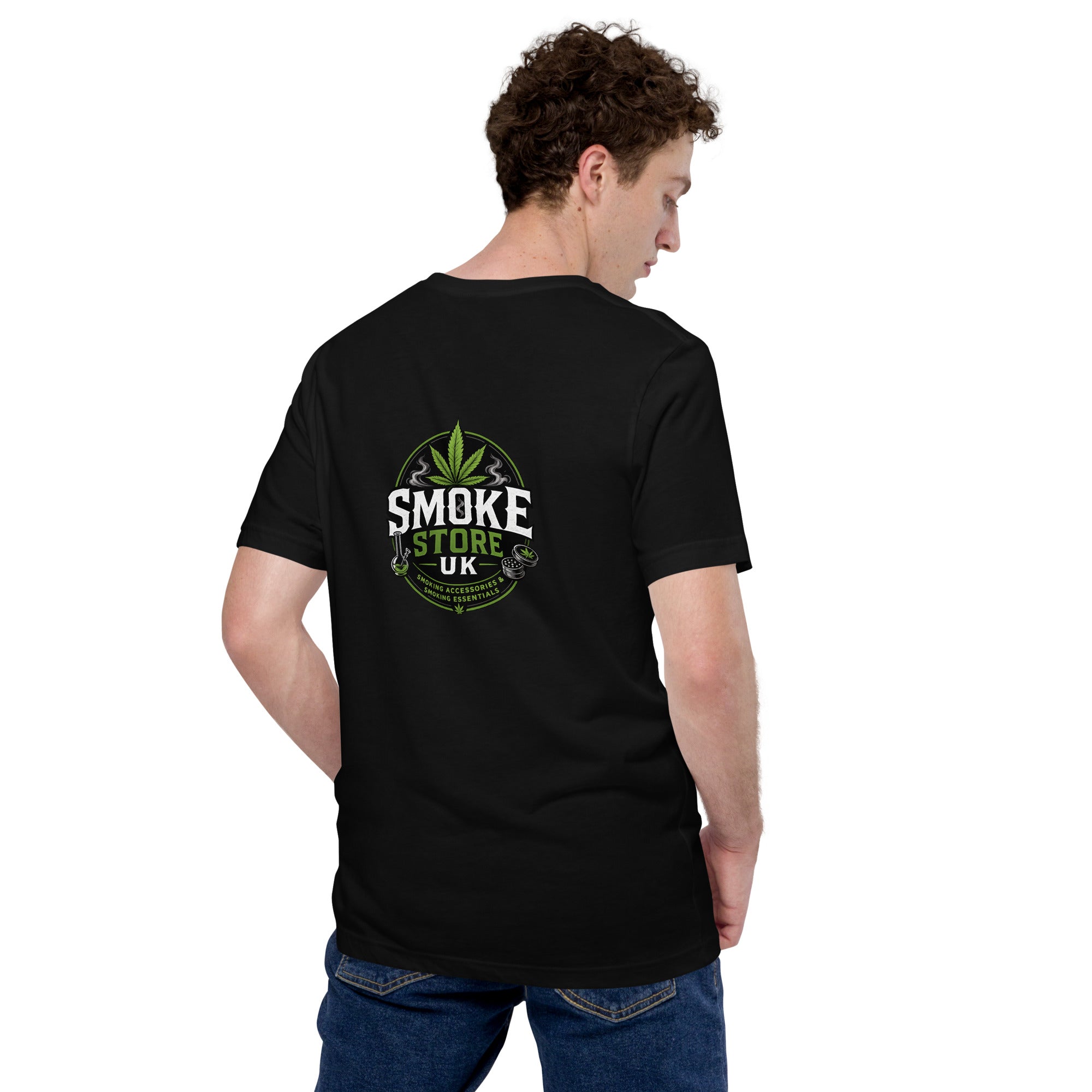 Black unisex T-shirt, back view with large center Smoke Store UK logo.
