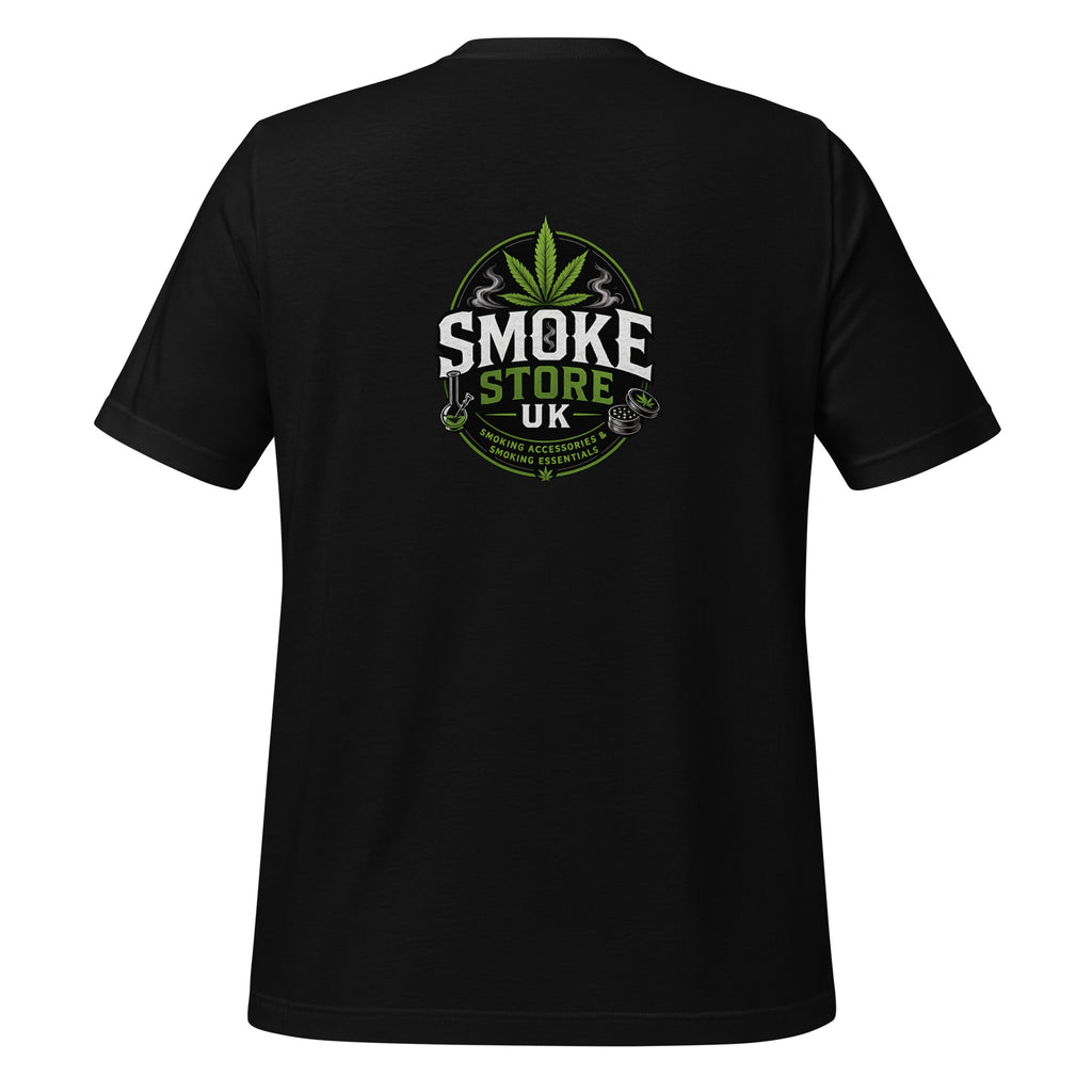 Black unisex T-shirt with Smoke Store UK back logo