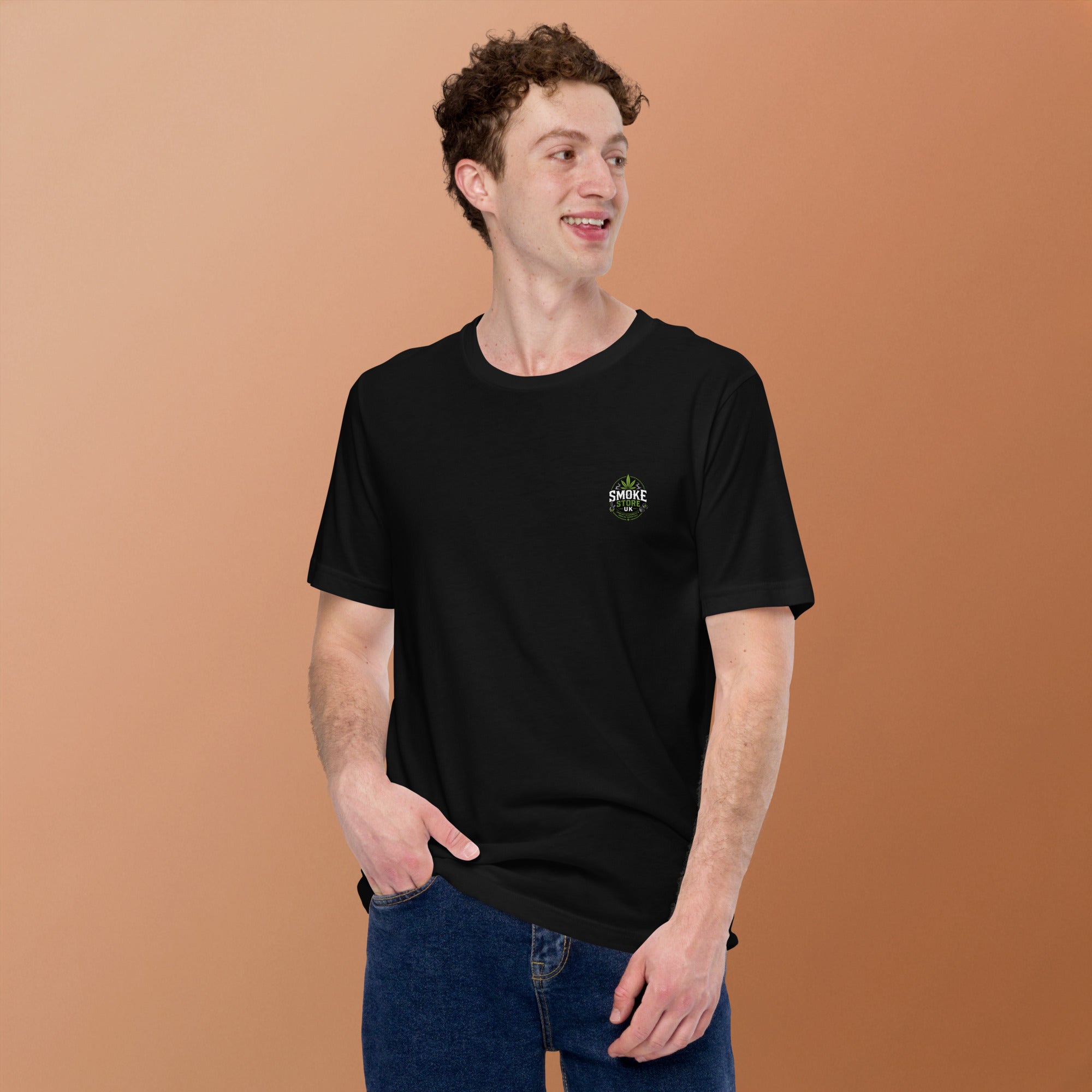 Black unisex T-shirt with small Smoke Store UK chest logo