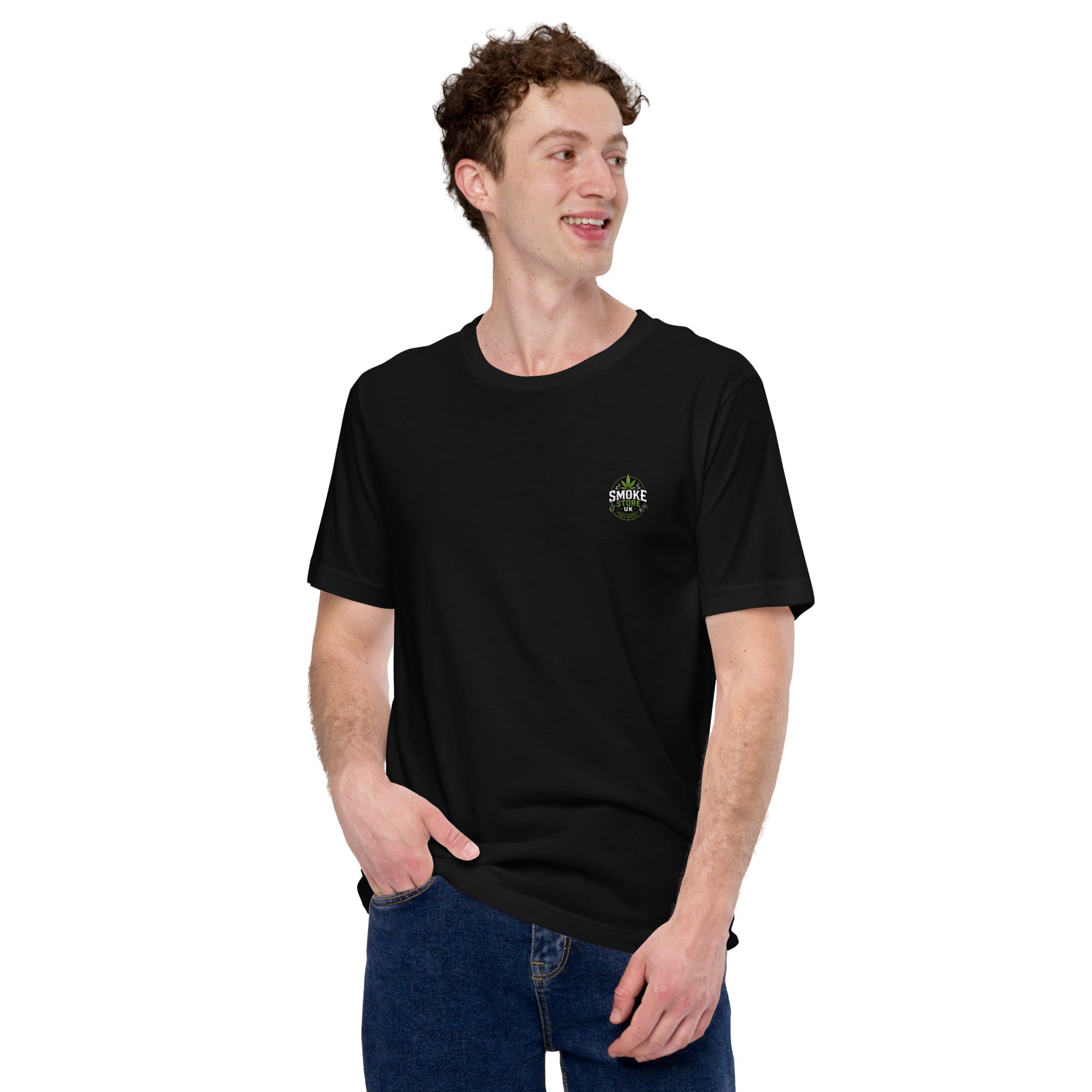 Black unisex crew-neck T-shirt with small chest logo.