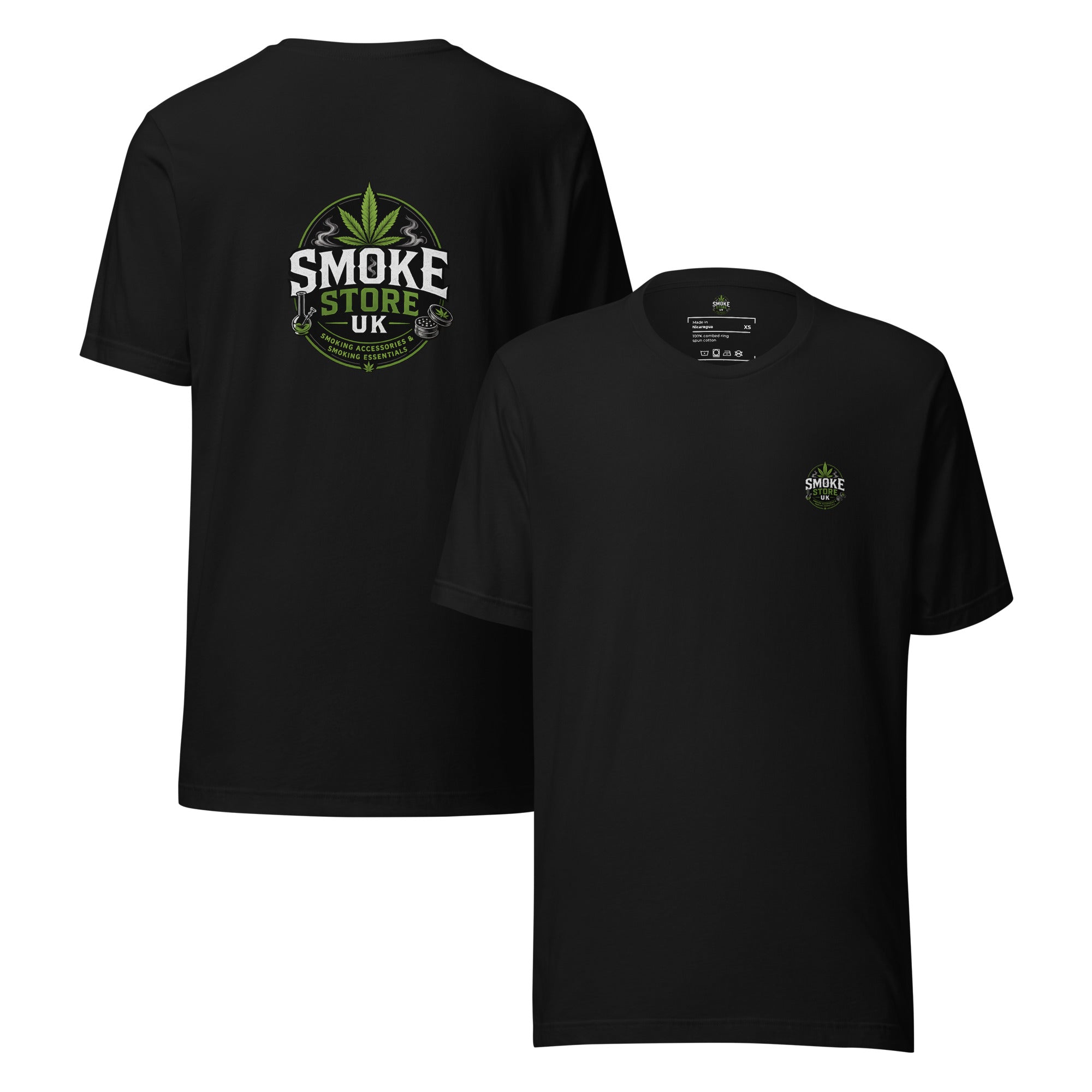 Black unisex T-shirt: back large center logo, front small chest logo.